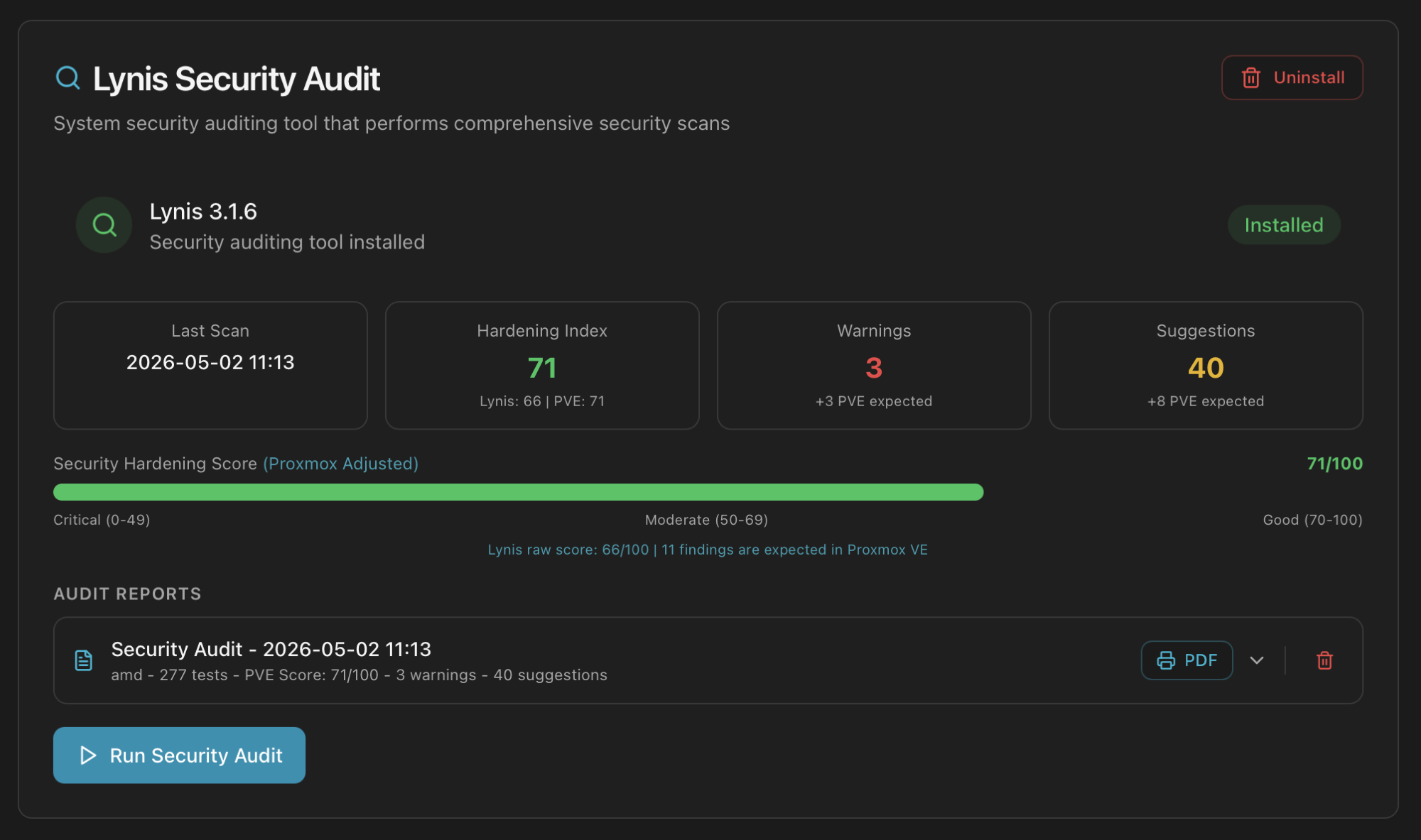 Lynis Security Audit card with results: Hardening Index 71 with Lynis 66 PVE 71 breakdown, 3 warnings, 40 suggestions, Security Hardening Score progress bar Proxmox Adjusted 71 of 100 in the Good range, audit reports list with PDF download and Run Security Audit button
