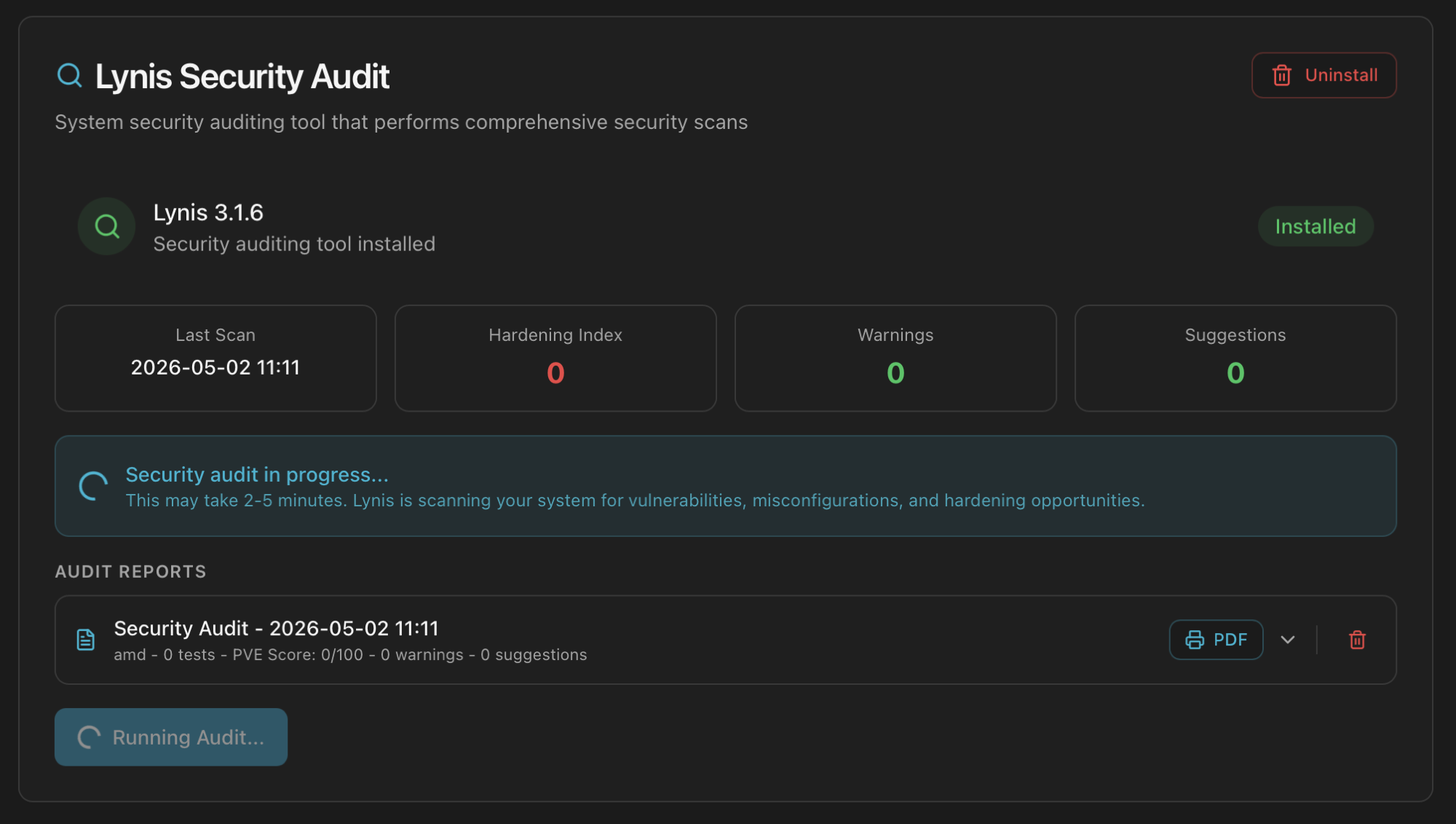 Lynis Security Audit card while audit is running showing Security audit in progress message, estimated 2-5 minutes duration, and a disabled Running Audit button