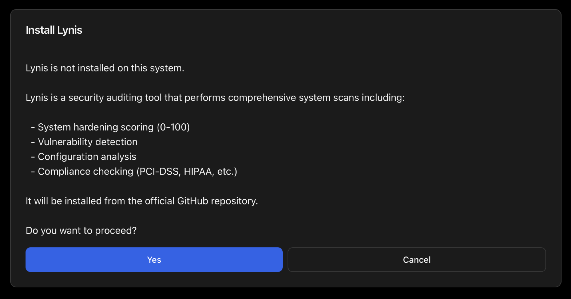 Install Lynis confirmation modal listing what Lynis does: hardening scoring, vulnerability detection, configuration analysis, compliance checking, source from official GitHub repository