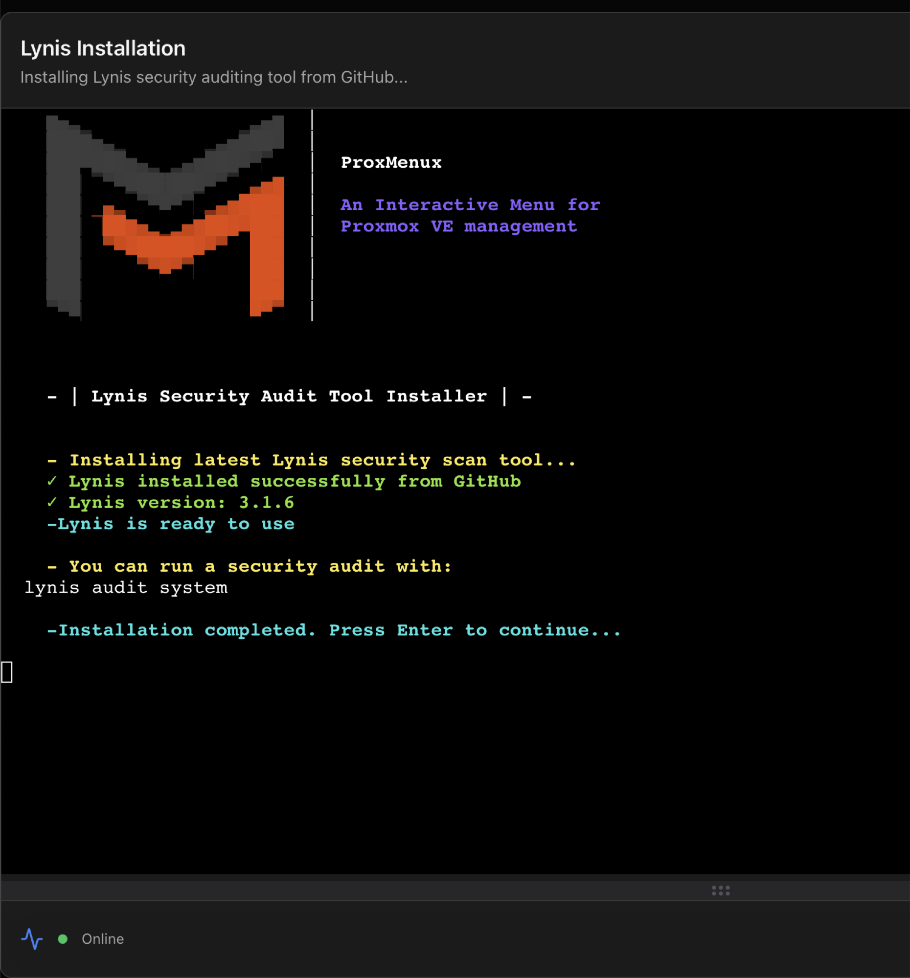 Lynis Installation streaming panel: installing latest scan tool, version 3.1.6 confirmed, installation completed message