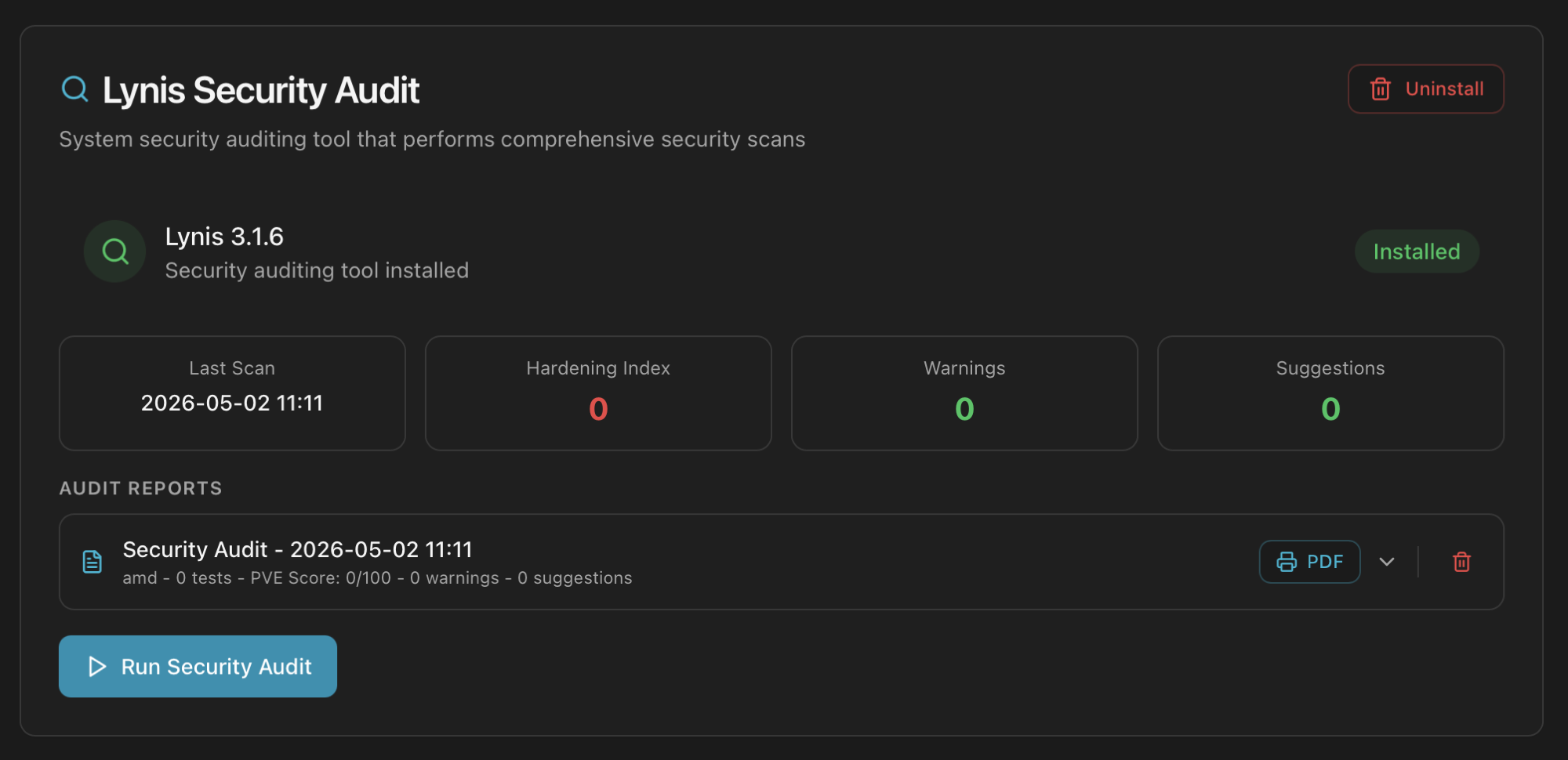 Lynis Security Audit card after install with version 3.1.6 Installed badge, Last Scan timestamp, Hardening Index 0, Warnings 0, Suggestions 0, an empty audit report row and a Run Security Audit button