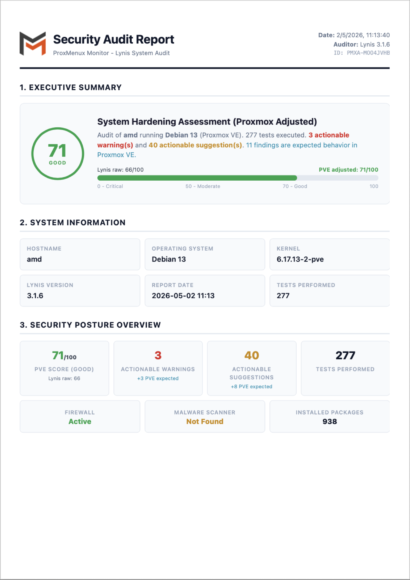 Sample first page of the Lynis Security Audit Report PDF showing executive summary with hardening 71 of 100, warnings and suggestions counts, system information block with hostname, kernel, Lynis version, report date, security posture overview