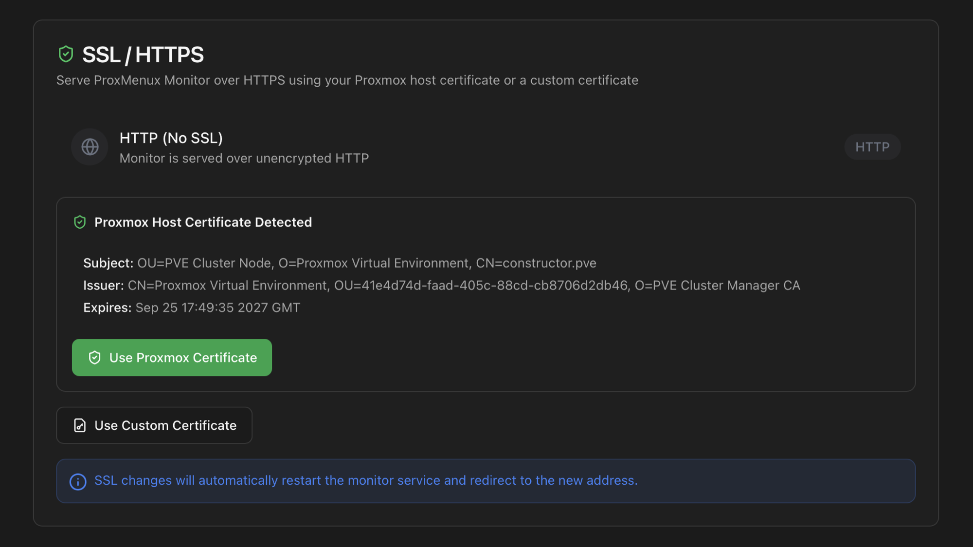 SSL / HTTPS card showing HTTP No SSL status, detected Proxmox host certificate with Subject, Issuer, Expires, Use Proxmox Certificate button and Use Custom Certificate option