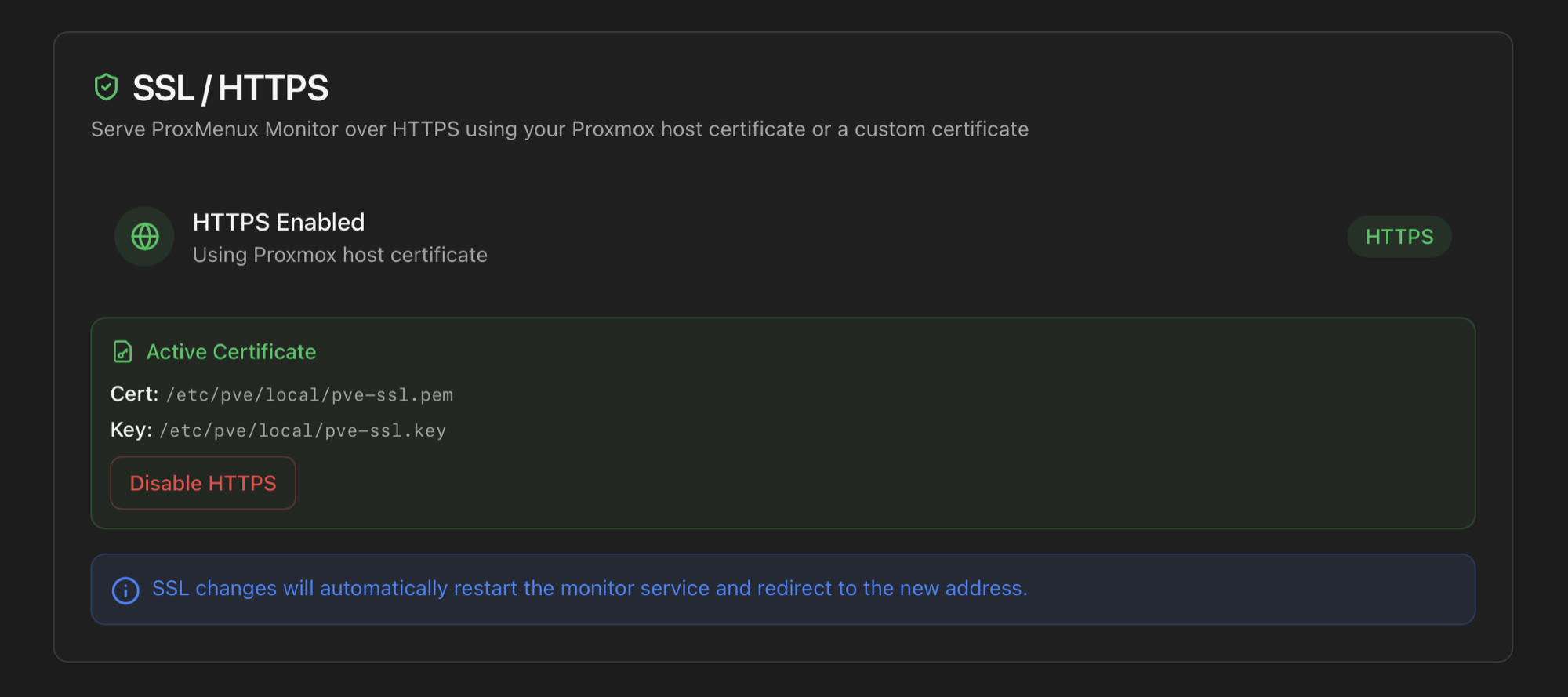 SSL/HTTPS card with HTTPS Enabled status, Active Certificate showing pve-ssl.pem and pve-ssl.key paths, and a Disable HTTPS button