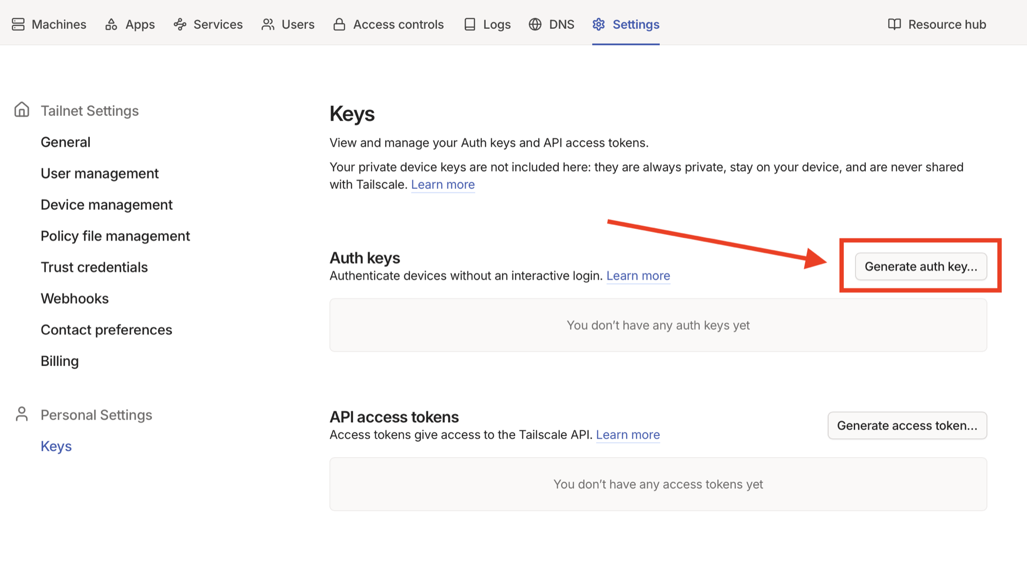 Tailscale admin console Settings Keys page with Generate auth key button highlighted