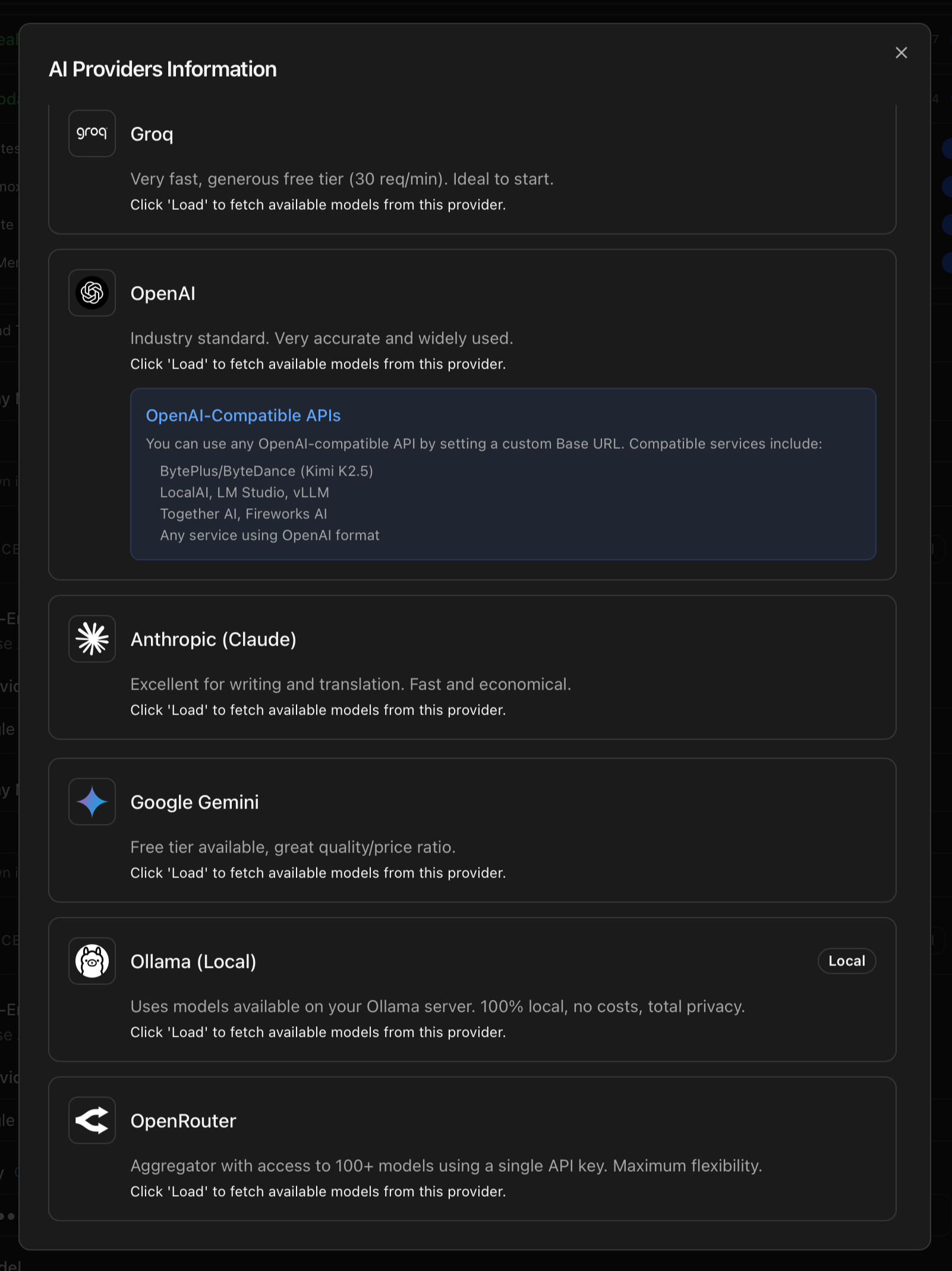 AI Providers Information modal listing the six supported providers — Groq, OpenAI, Anthropic Claude, Google Gemini, Ollama, OpenRouter — each with its icon and one-line description, and a special OpenAI-Compatible APIs note for OpenAI