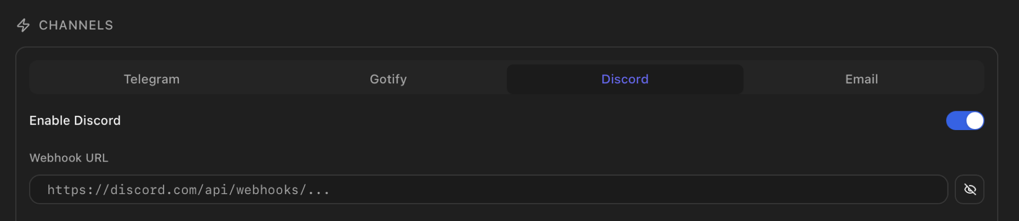Discord channel form with Webhook URL field starting with https://discord.com/api/webhooks/