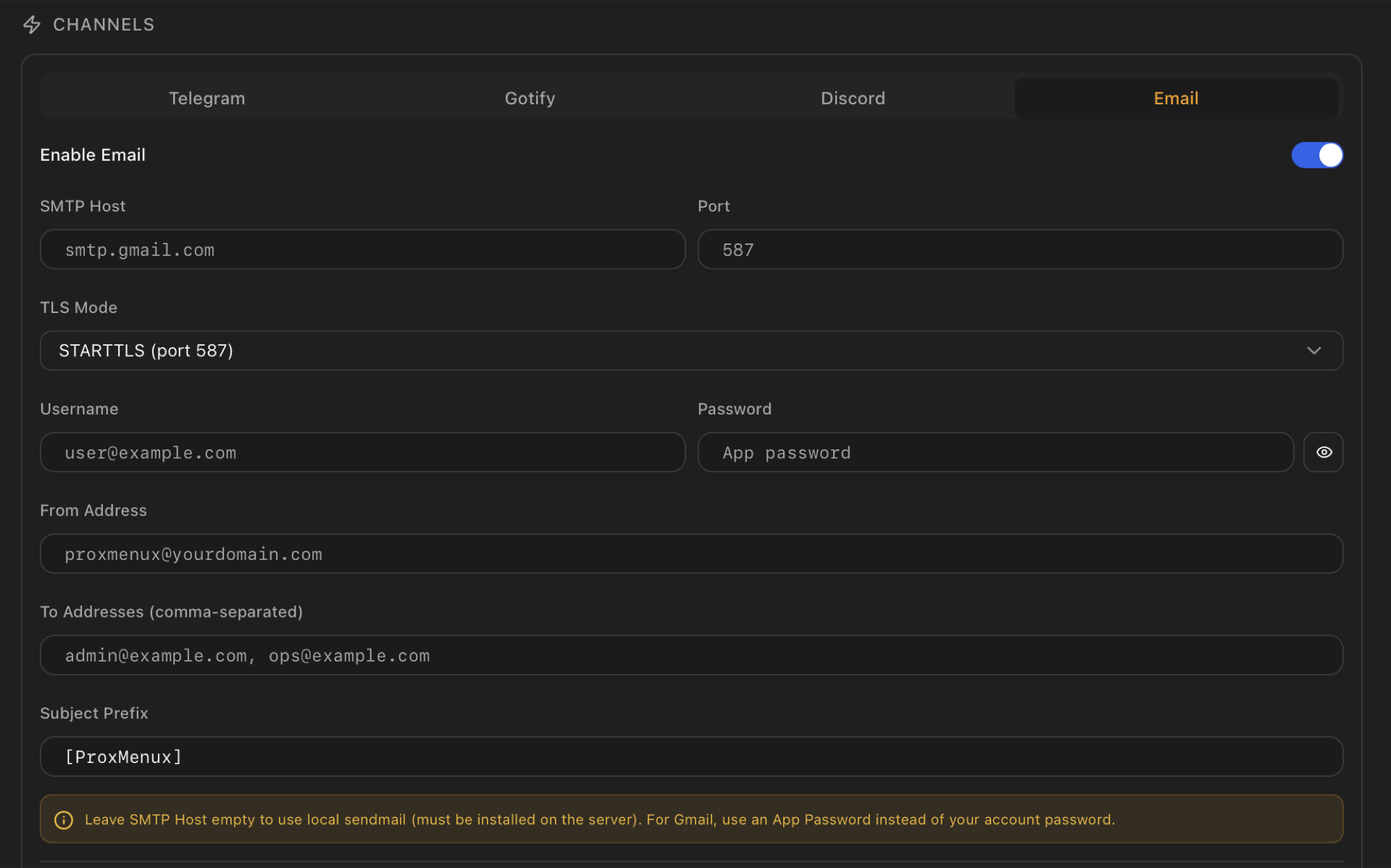 Email channel form with SMTP Host, Port, TLS Mode dropdown, Username, Password, From Address, To Addresses comma-separated and Subject Prefix fields