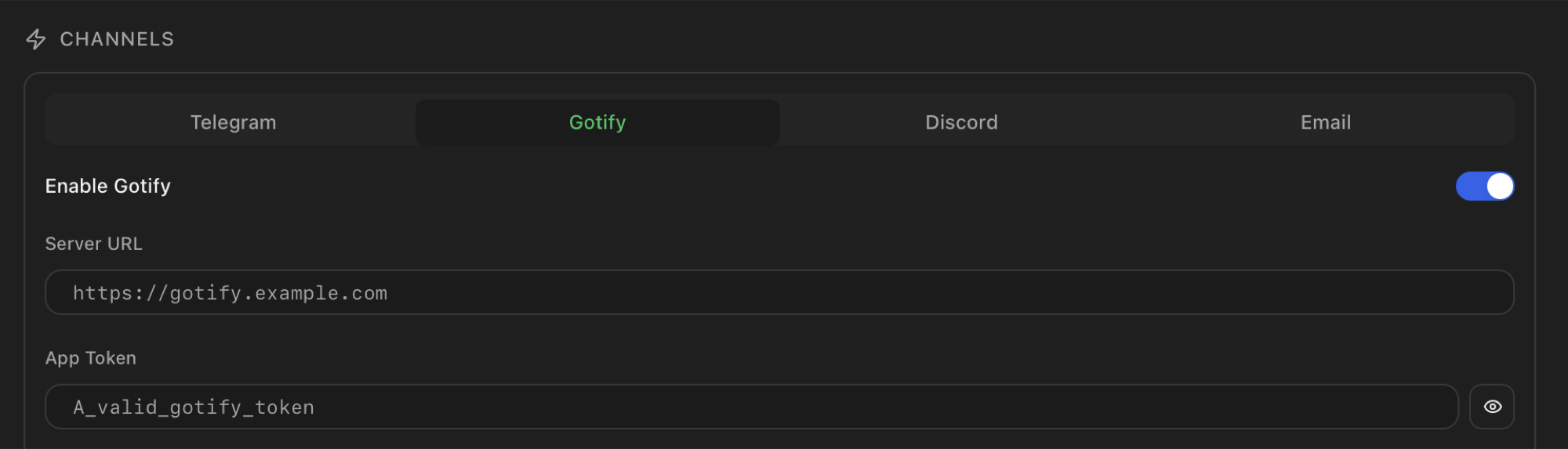 Gotify channel form with Server URL field set to https://gotify.example.com and an App Token field with placeholder A_valid_gotify_token