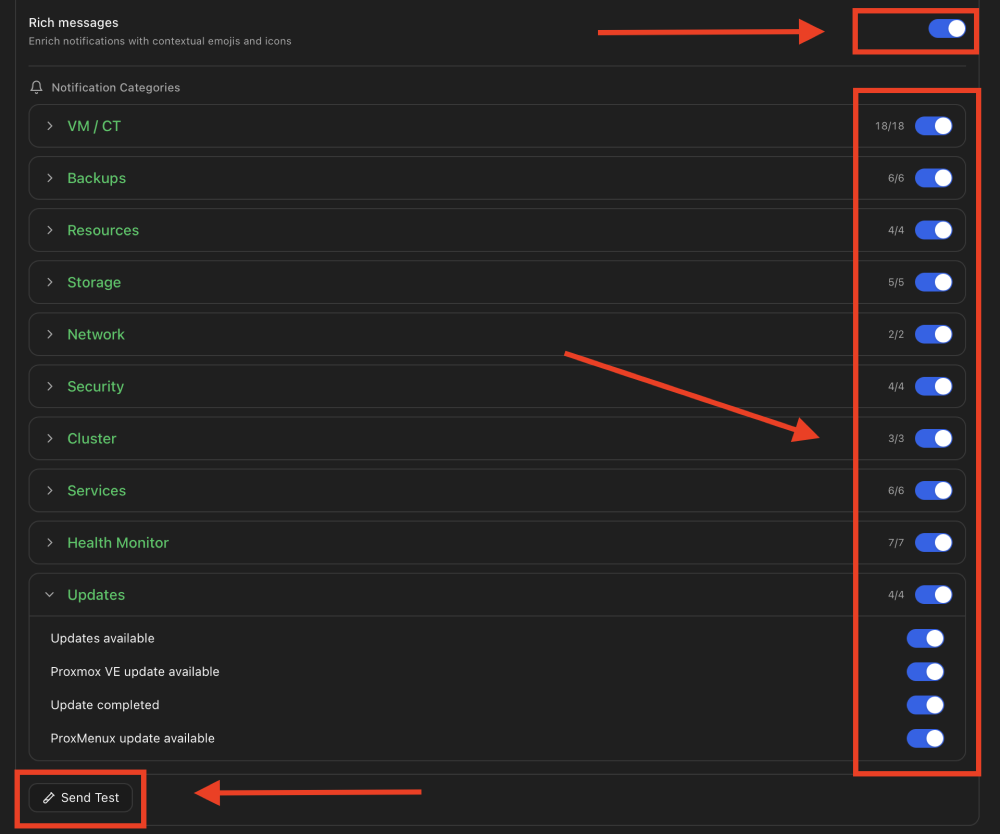 Notification Categories panel with Rich messages master toggle highlighted at top, collapsible sections for VM/CT, Backups, Resources, Storage, Network, Security, Cluster, Services, Health Monitor, Updates each with toggle and event count, and a Send Test button