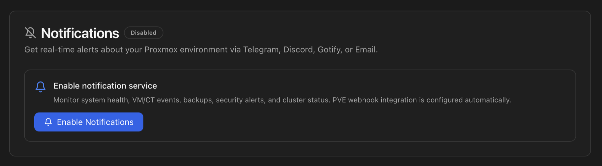 Notifications card on a fresh install showing Disabled badge and a single Enable Notifications button