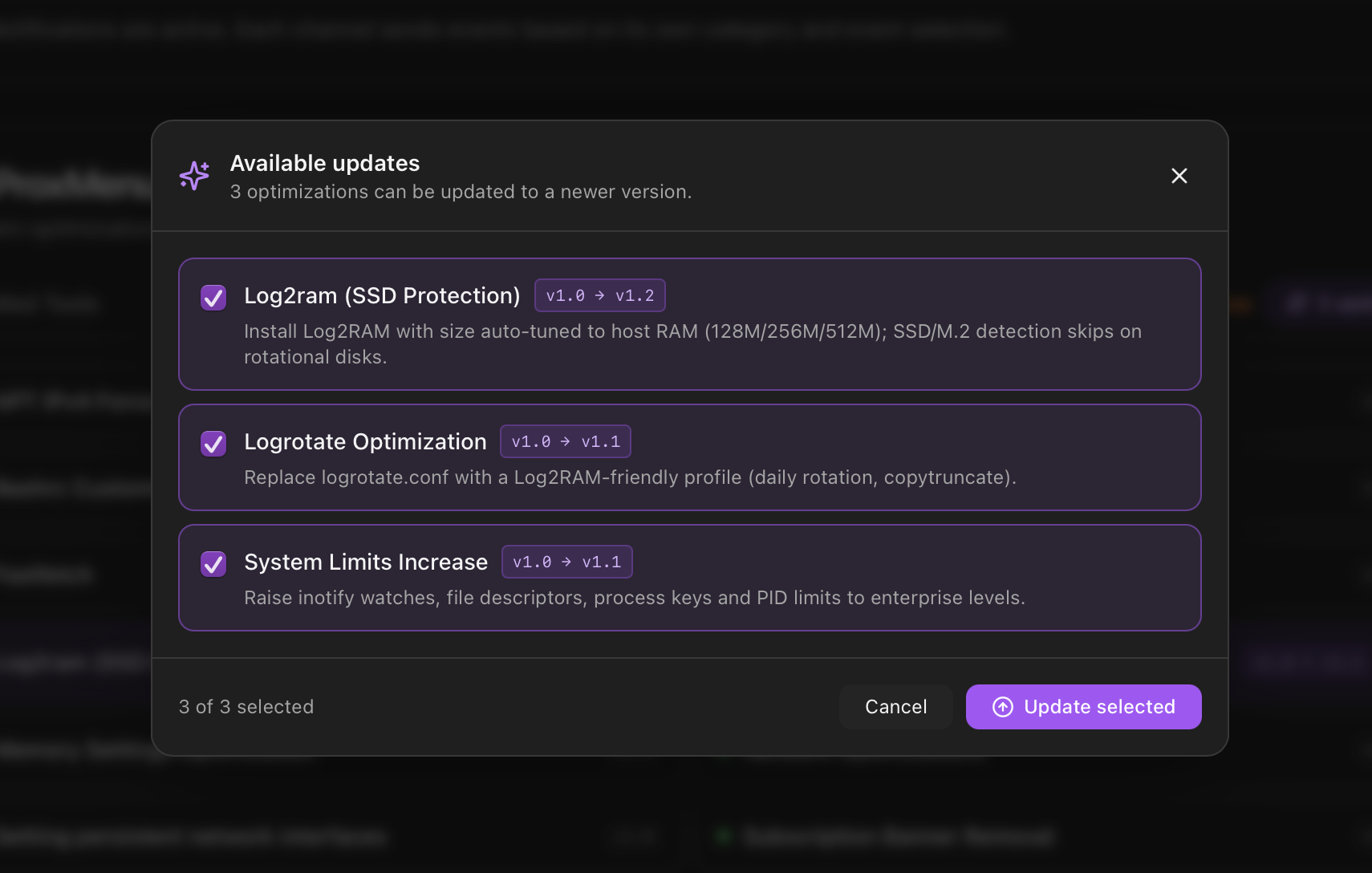 ProxMenux Optimizations card on the Monitor dashboard with an Updates available banner at the top showing the count of pending updates and an Apply button that opens the per-optimization picker