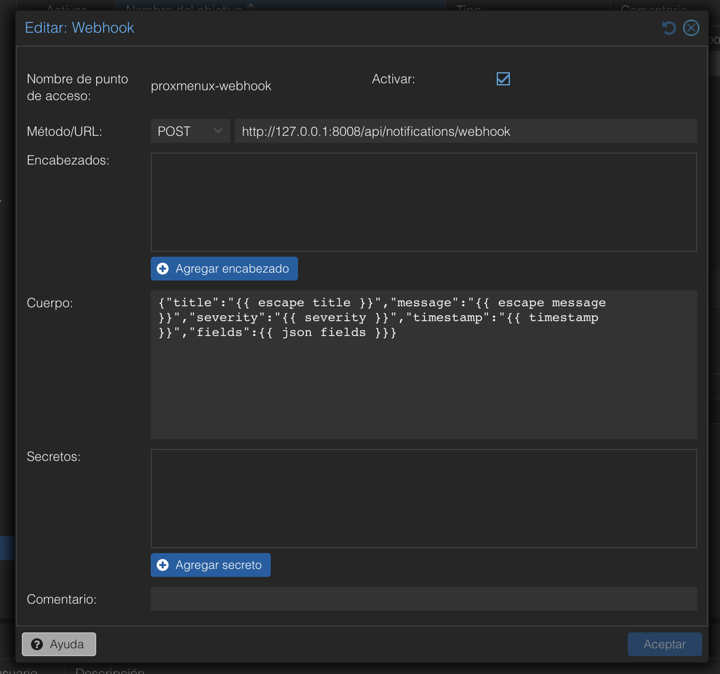 Proxmox VE Edit Webhook dialog showing the auto-created proxmenux-webhook target with method POST, URL http://127.0.0.1:8008/api/notifications/webhook and a JSON body template using escape title, escape message, escape severity, escape timestamp and json fields
