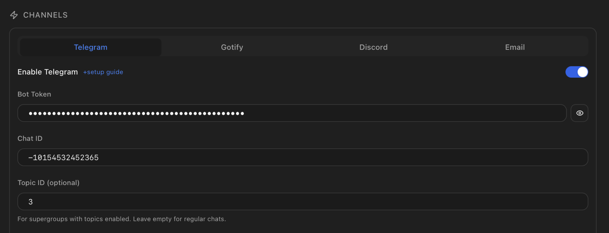 Telegram channel form with Bot Token (masked), negative Chat ID prefixed with -100 indicating a supergroup, and Topic ID 3 set to deliver into a specific topic