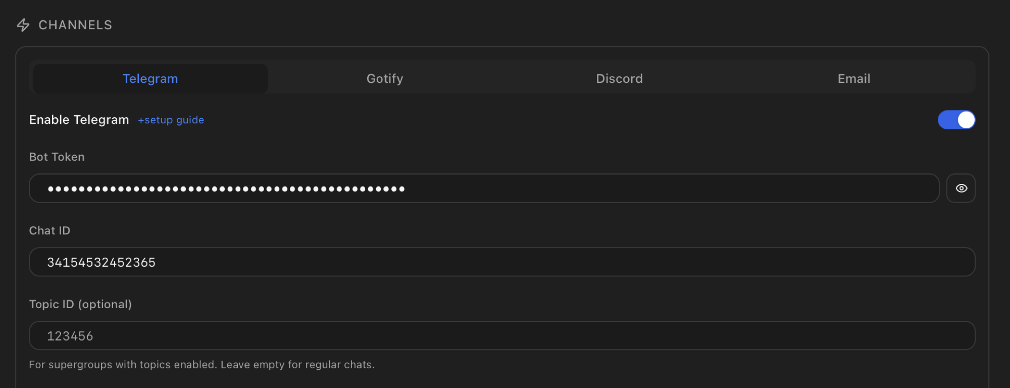 Telegram channel form filled with Bot Token (masked), positive Chat ID for a private chat and an empty optional Topic ID field