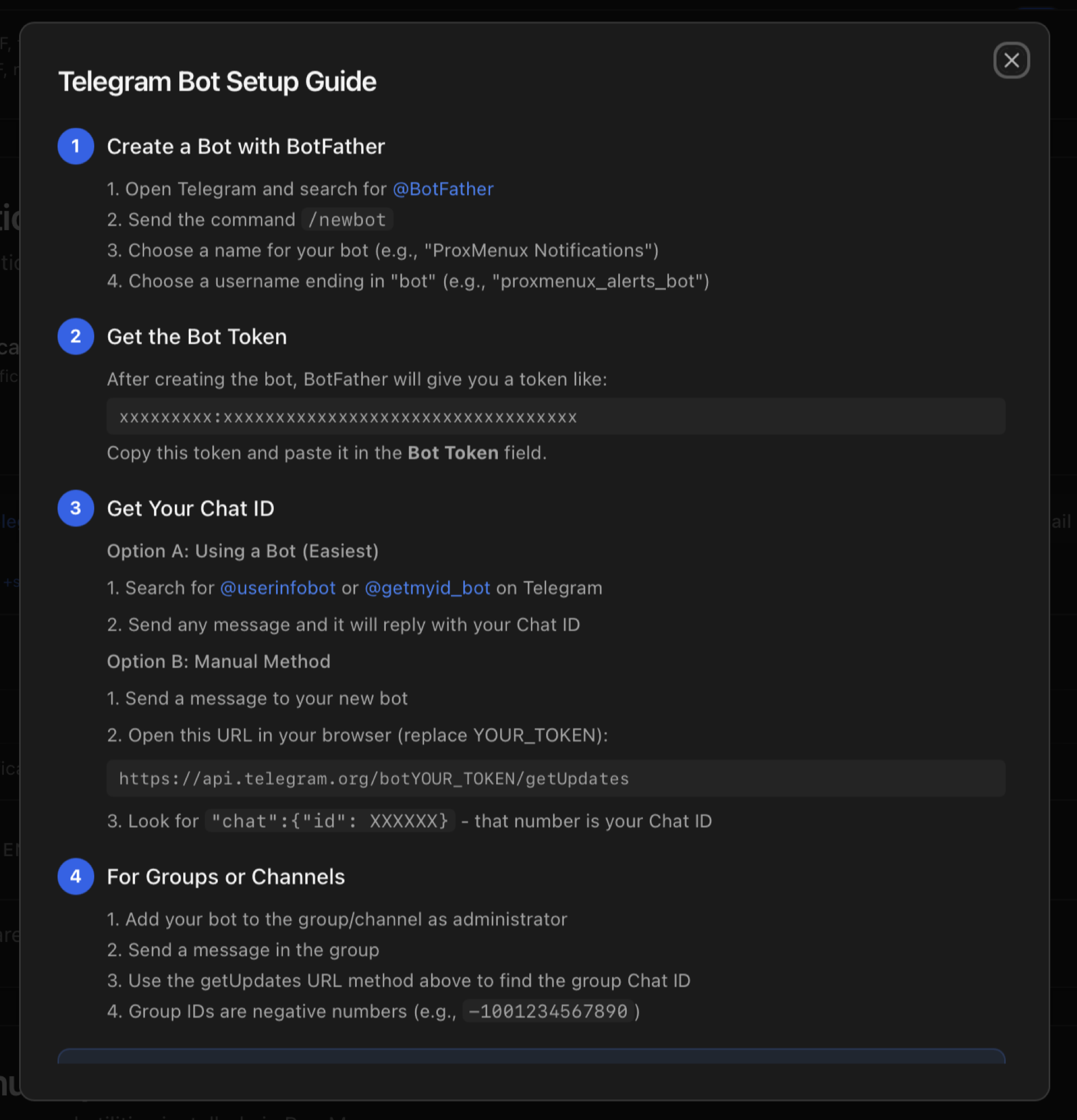 Telegram Bot Setup Guide modal with four numbered sections: Create a Bot with BotFather, Get the Bot Token, Get Your Chat ID and For Groups or Channels