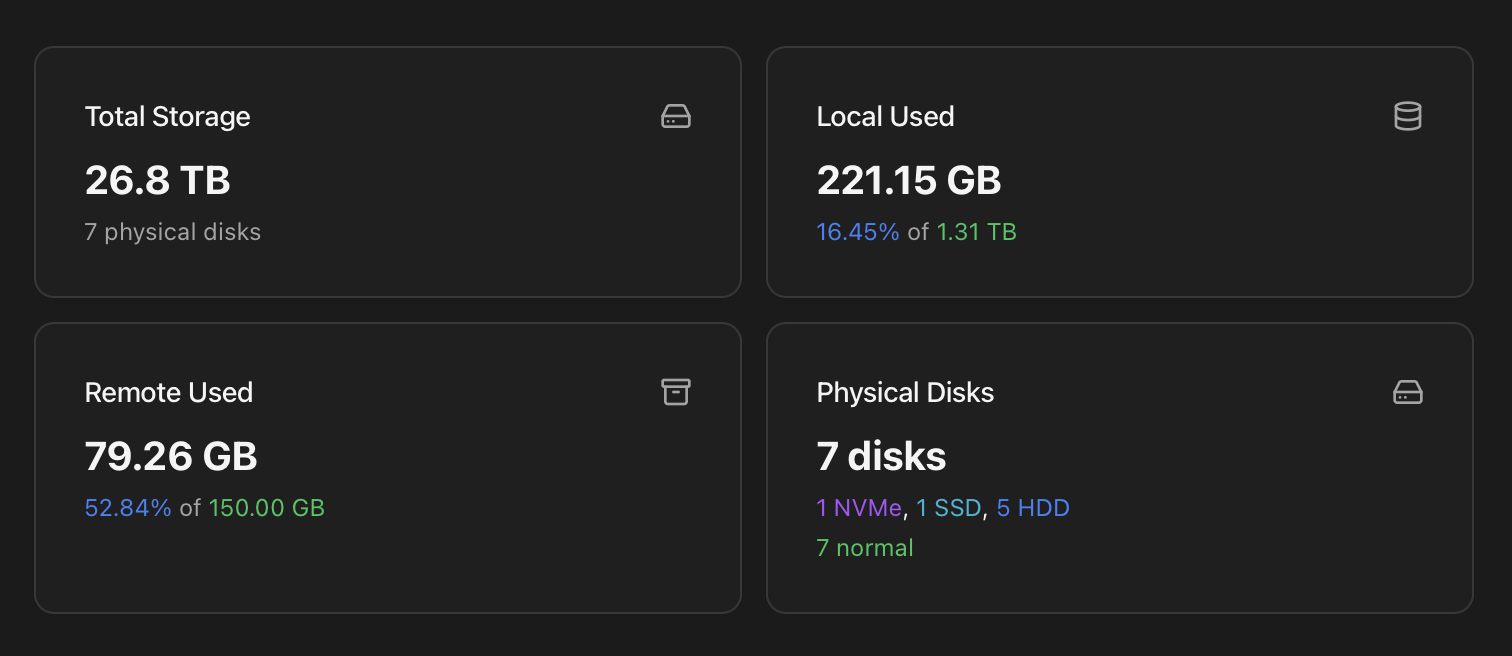 Storage tab — top row of four stat cards: Total Storage, Local Used, Remote Used, Physical Disks