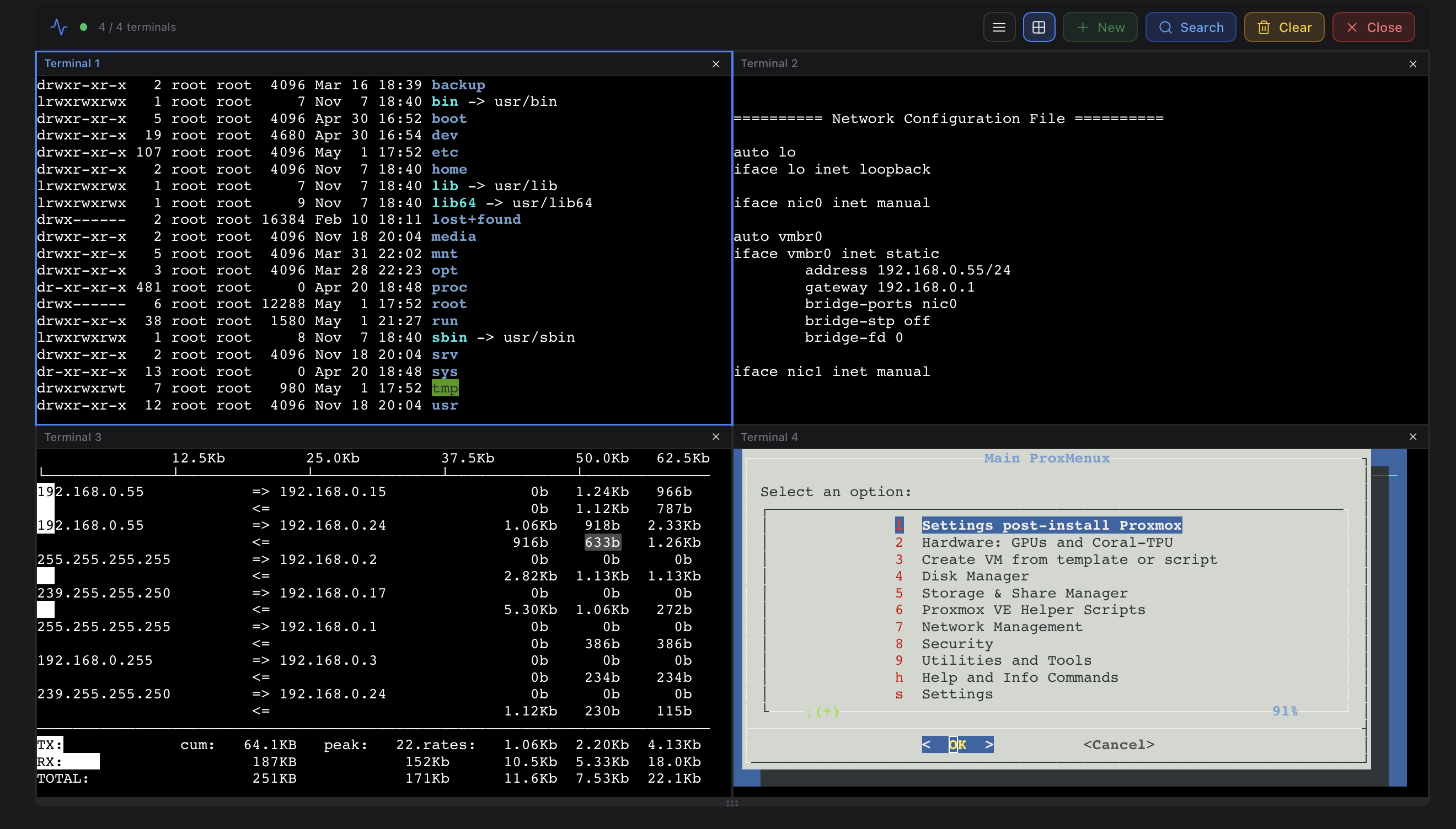 ProxMenux Monitor Terminal tab — grid view with four host terminals running ls, network config, iftop and the ProxMenux main menu side by side