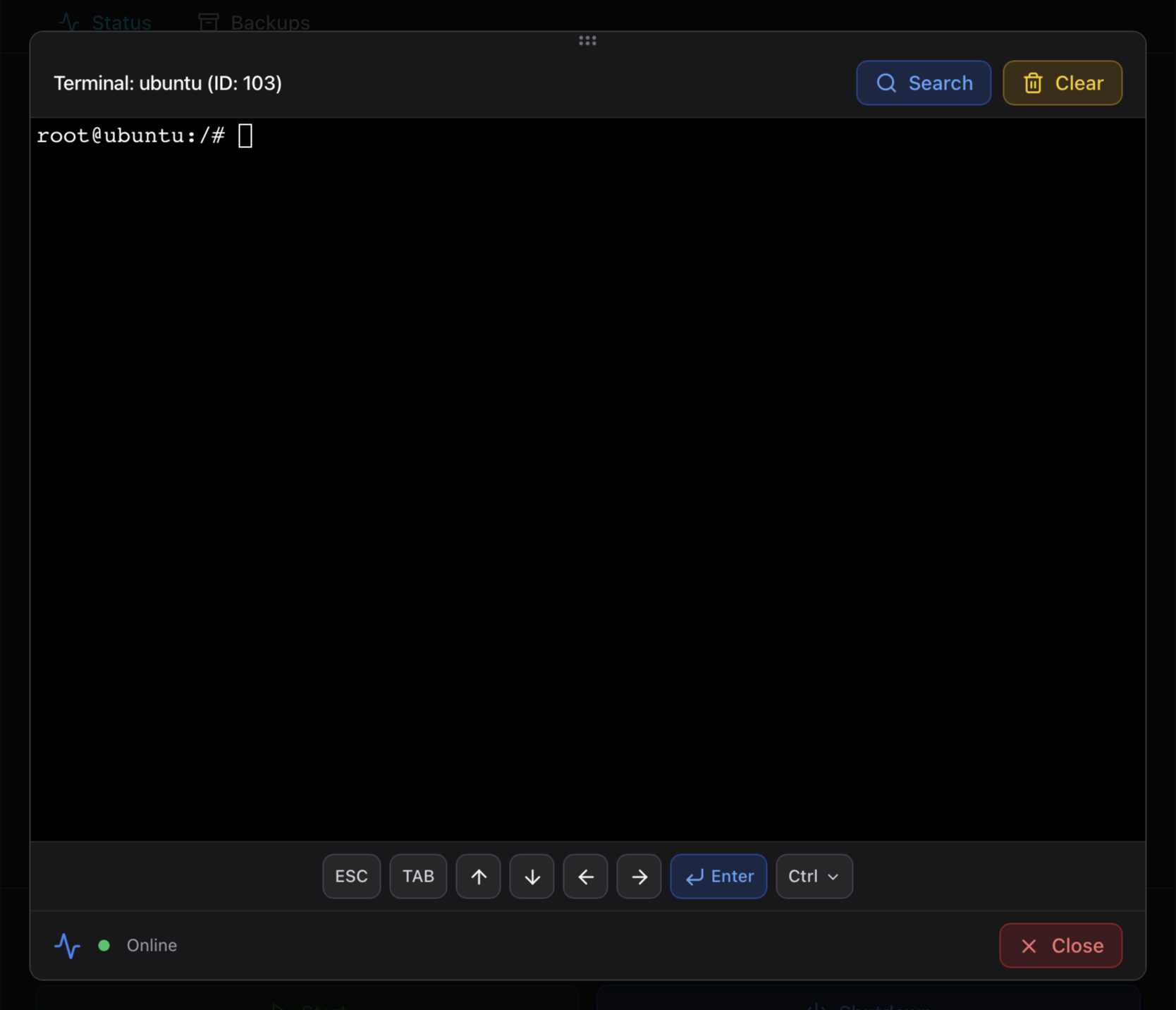 ProxMenux Monitor LXC console modal — Terminal: ubuntu (ID: 103) with the same mobile-friendly toolbar (ESC, TAB, arrows, Enter, Ctrl) under the terminal