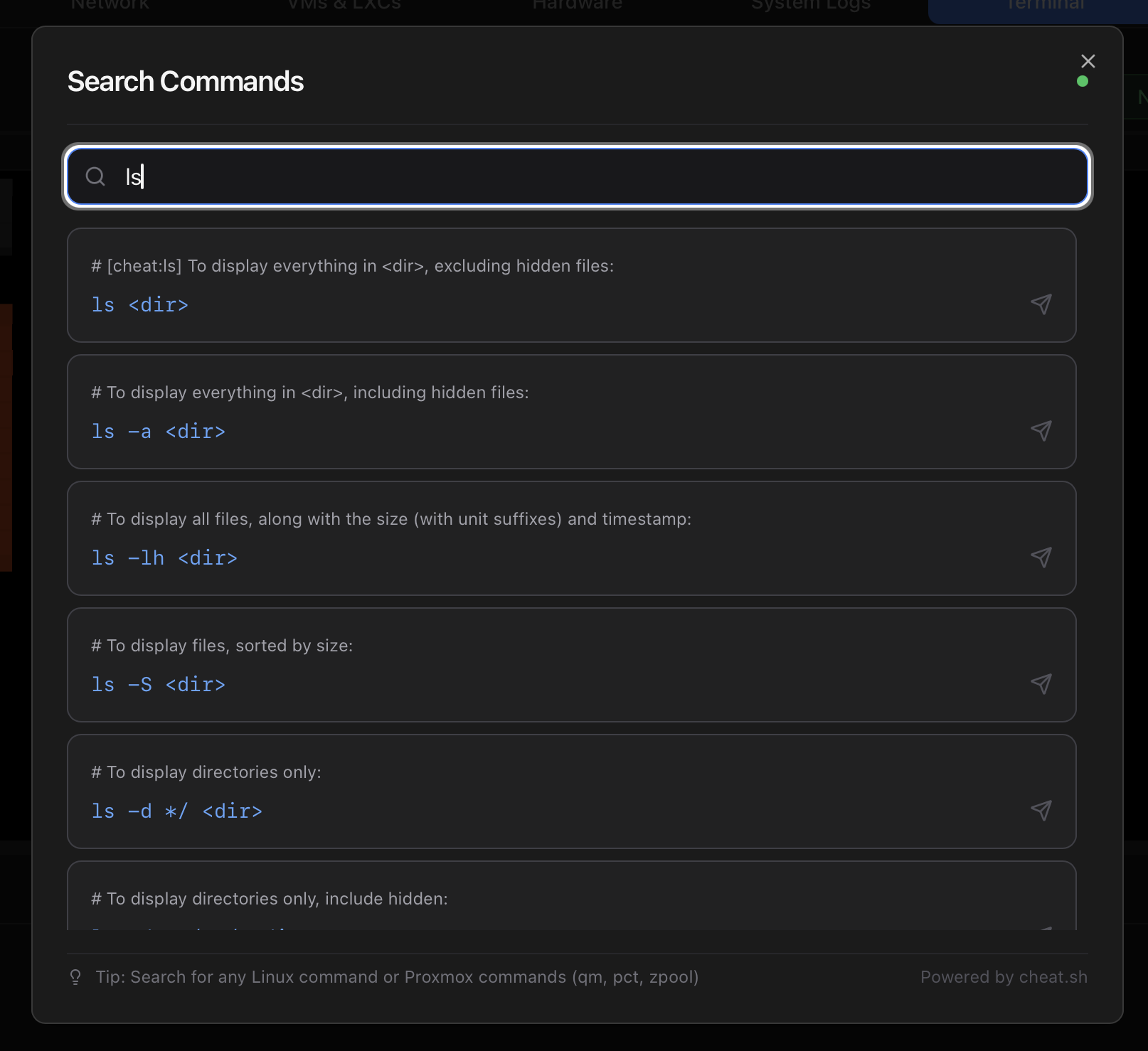 ProxMenux Monitor Search Commands modal — fuzzy lookup for Linux and Proxmox commands powered by cheat.sh, showing several ls usage examples