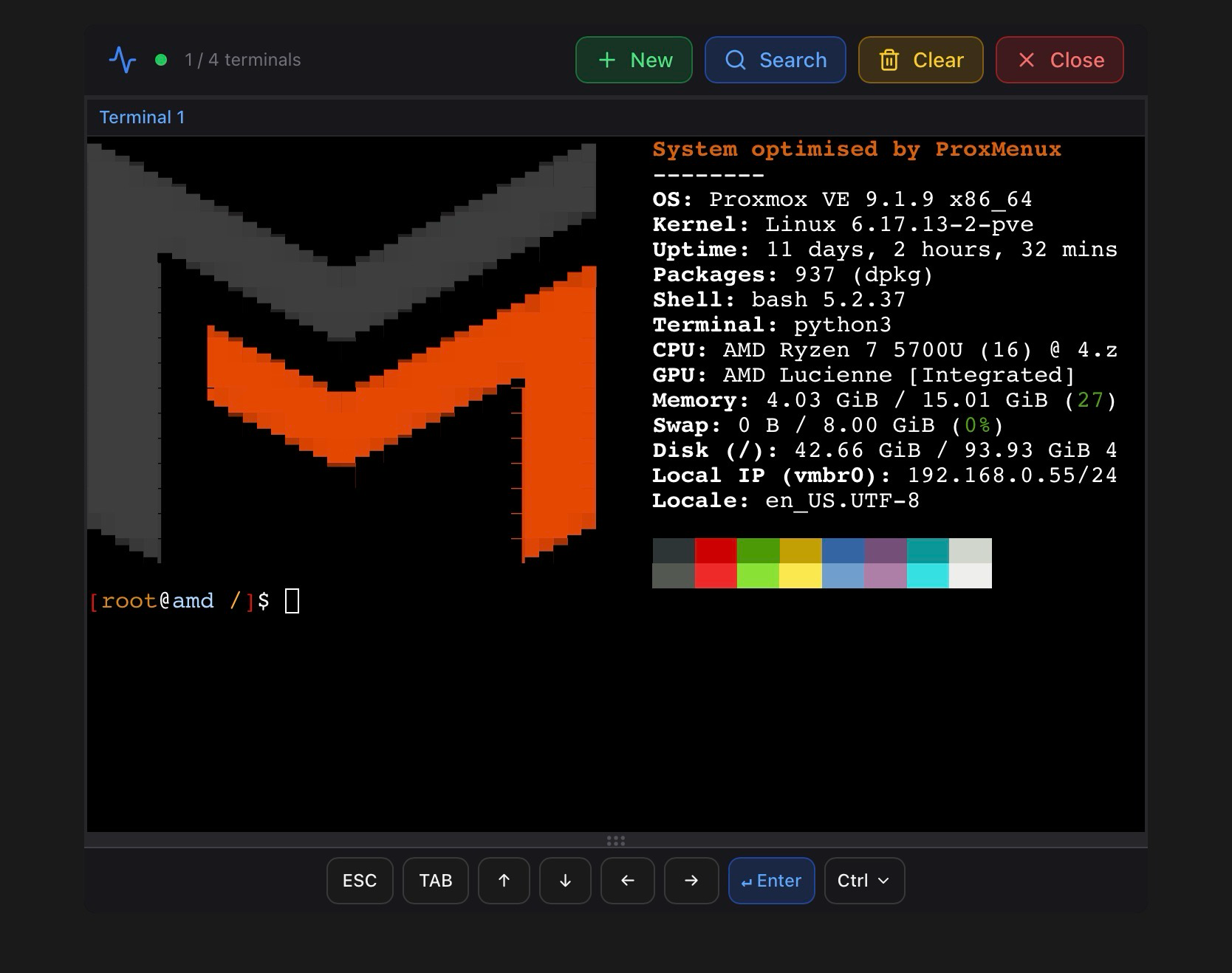 ProxMenux Monitor Terminal tab — single terminal session showing Fastfetch system summary on login
