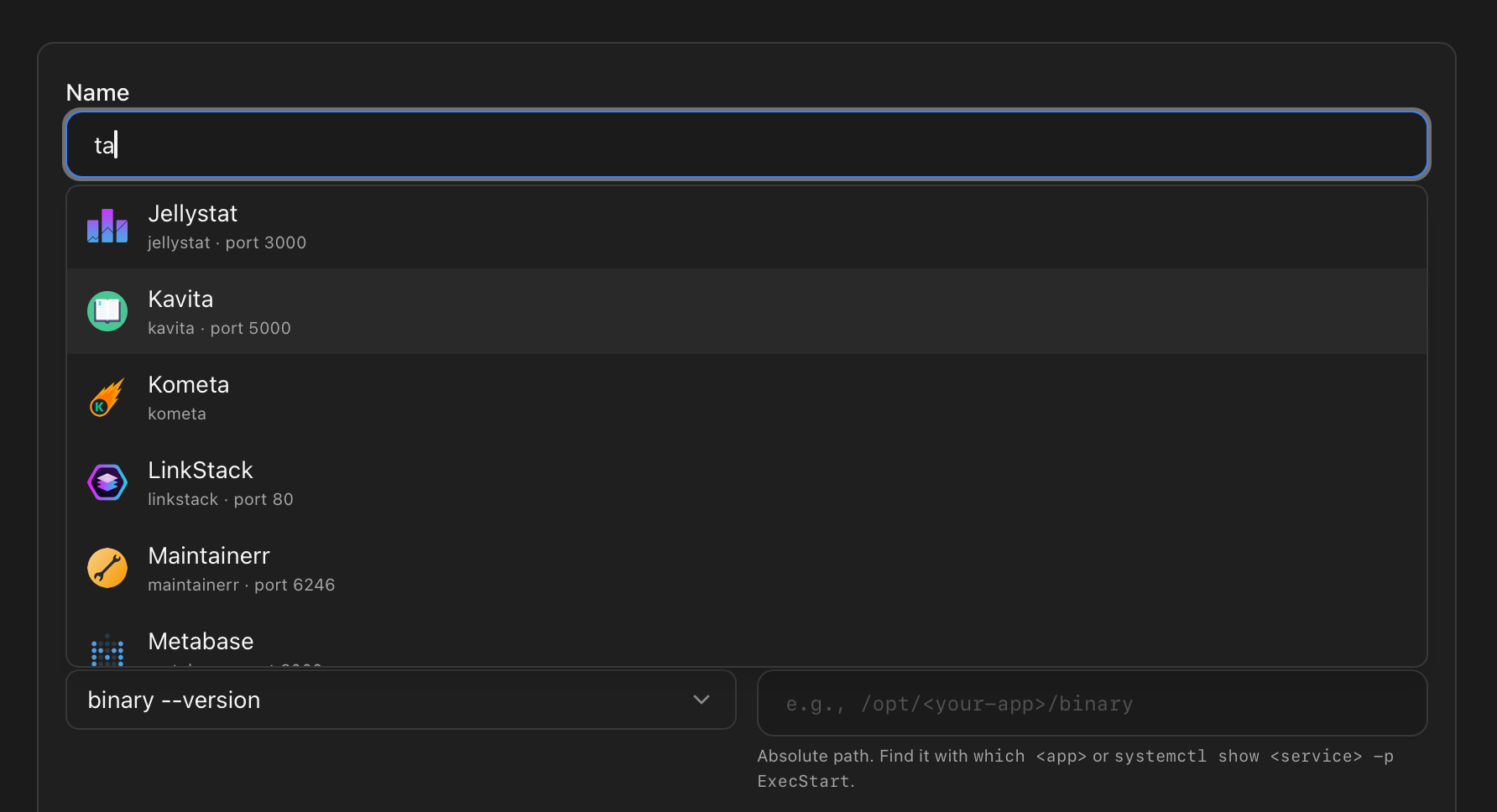 Application registration catalog with search results, logos, ports and detector fields