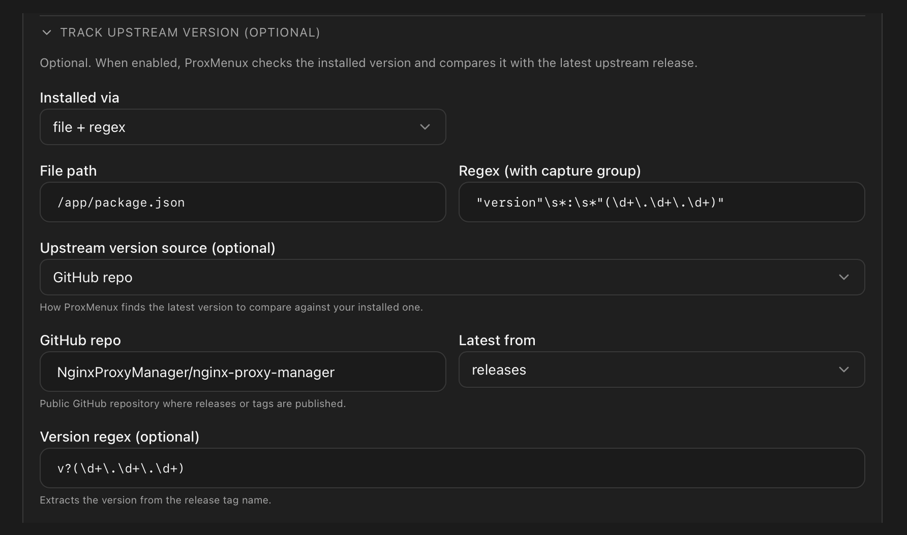 Optional installed-version detector and upstream source fields