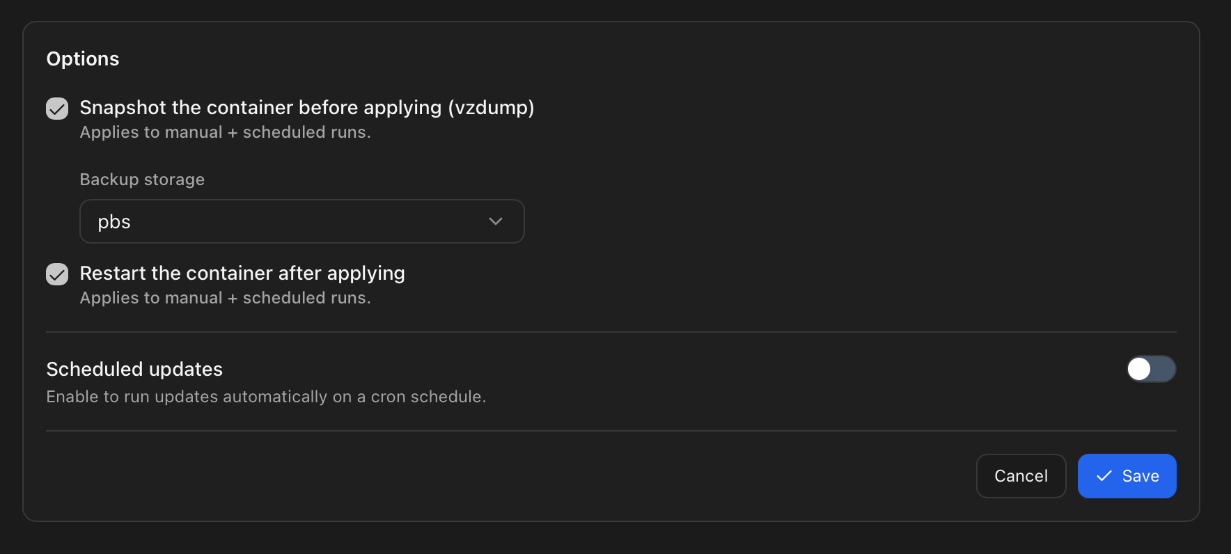 LXC update options with pre-update backup and post-update restart