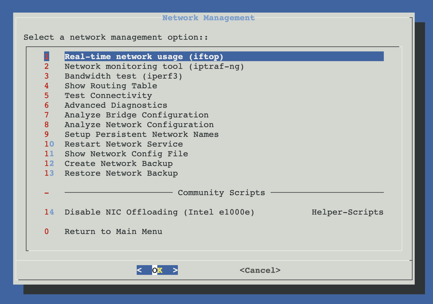 Network Management menu with diagnostics, monitoring, analysis, repair, persistent names and backup options