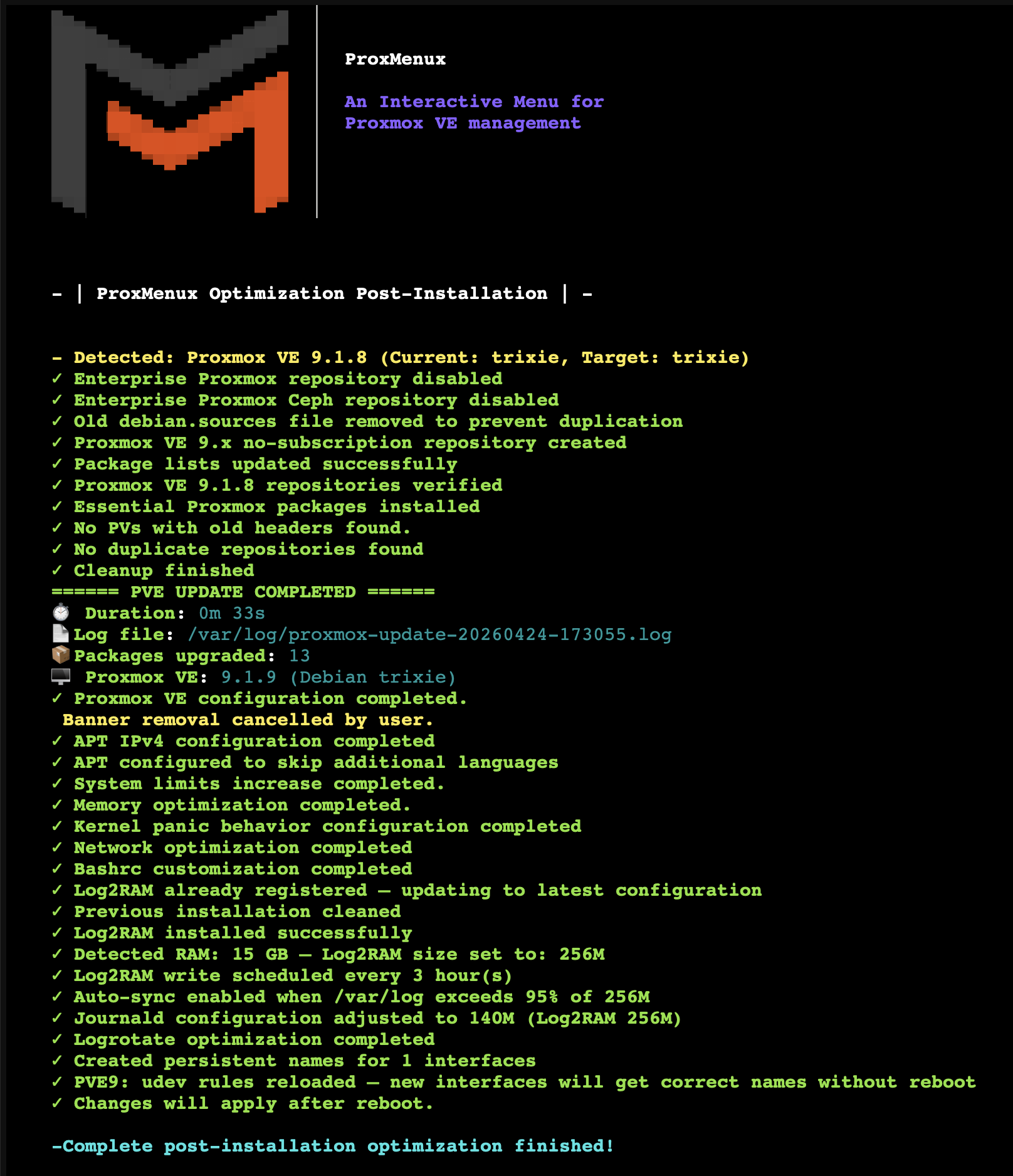 Automated post-install script — final terminal output showing each optimization applied successfully