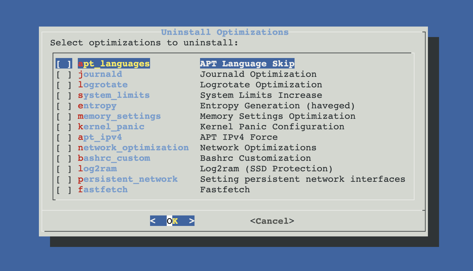 Uninstall Optimizations checklist showing items currently applied on the host, with checkboxes to select which to revert