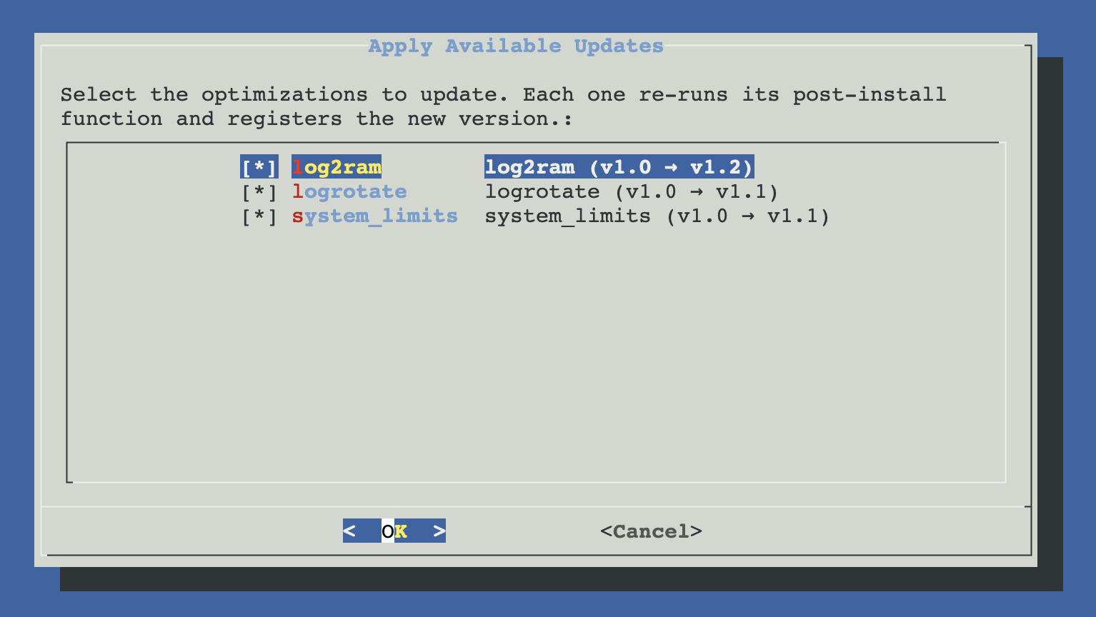 Apply Available Updates checklist dialog with one row per pending optimization, each labelled with the optimization name and the version transition (current → available). All rows pre-checked.
