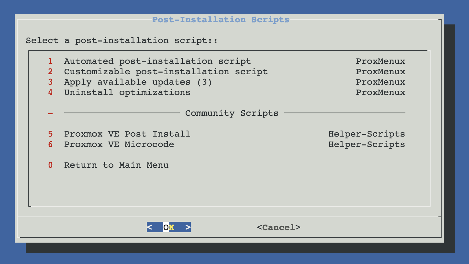 Post-Install Scripts menu showing the conditional 'Apply available updates (N)' entry positioned just above 'Uninstall optimizations', with the count badge indicating how many optimizations have a newer version on disk