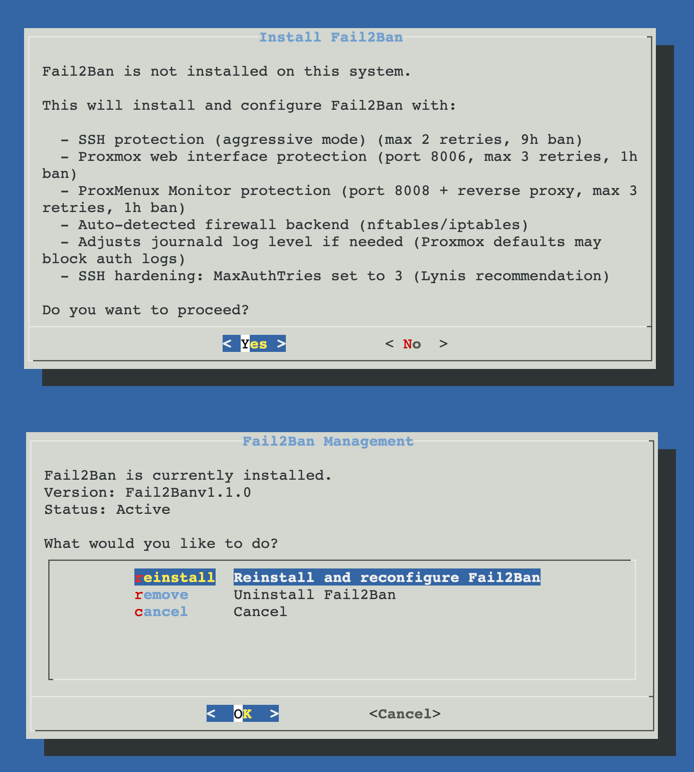 Fail2Ban install confirmation dialog listing the three jails, journald fix and SSH hardening