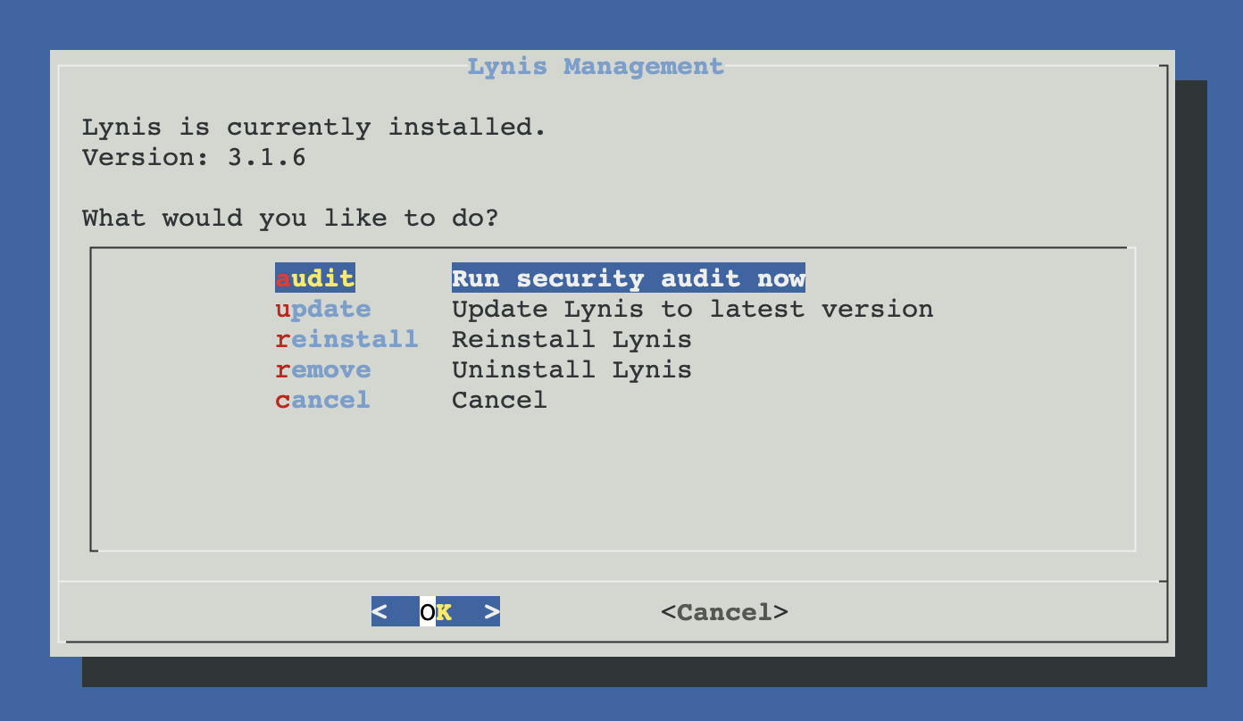 Lynis management menu with audit, update, reinstall and remove options
