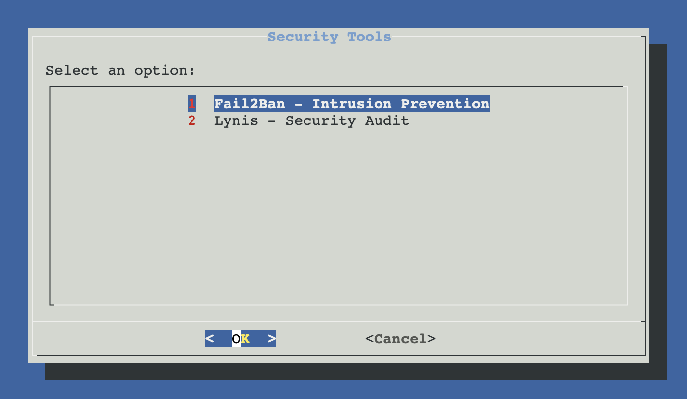 Security menu with Fail2Ban and Lynis options