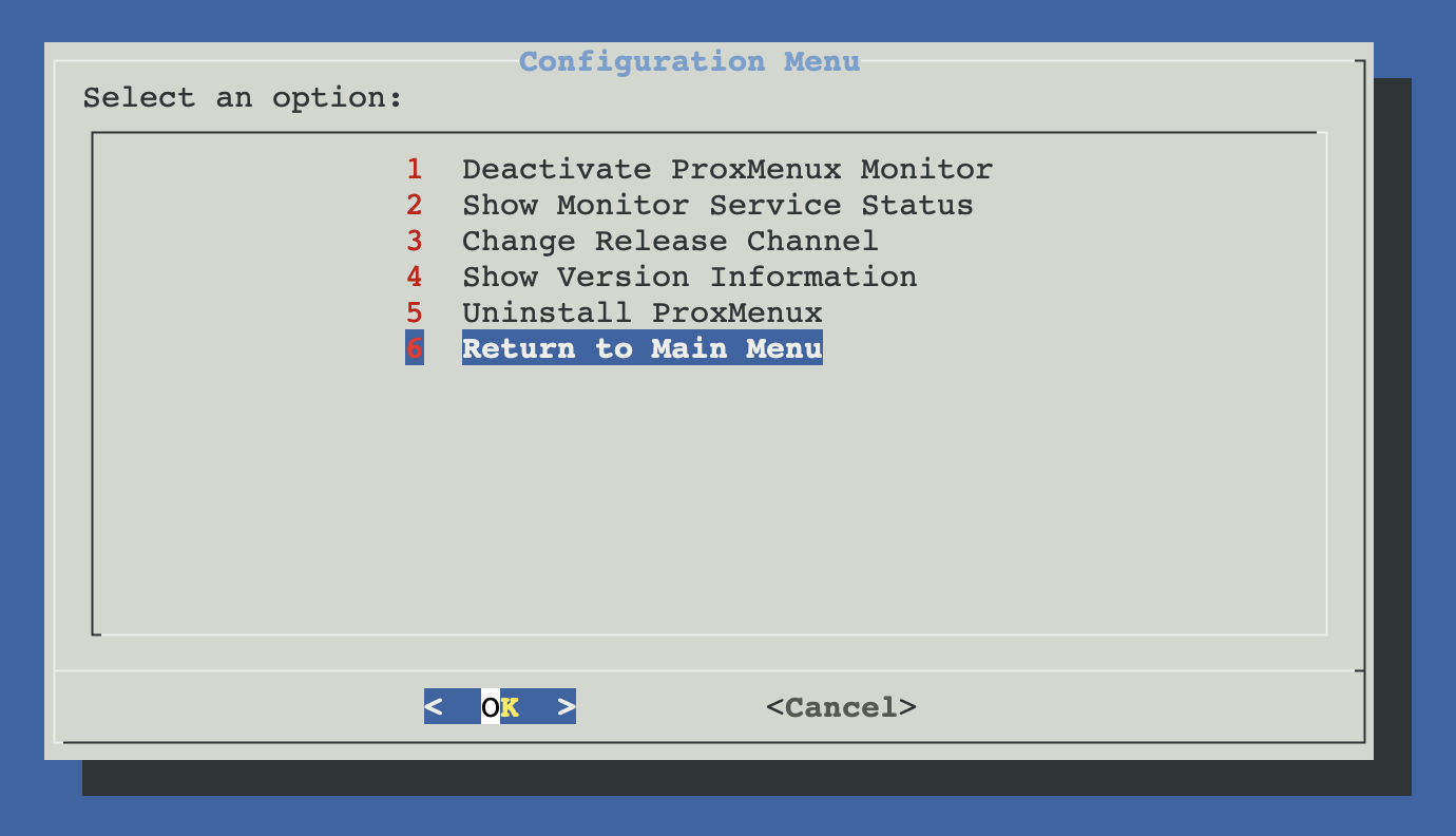 Settings ProxMenux menu with conditional options based on install type and component state