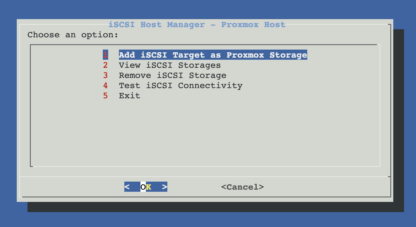 iSCSI Host Manager menu — Add / View / Remove / Test connectivity