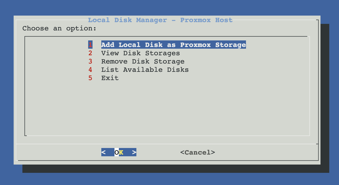 Local Disk Manager menu — Add / View / Remove / List available disks