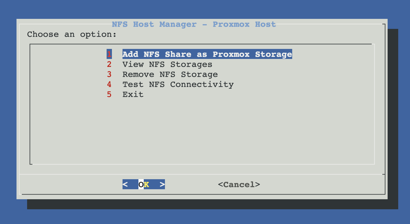 NFS Host Manager menu — Mount / View / Remove / Test connectivity