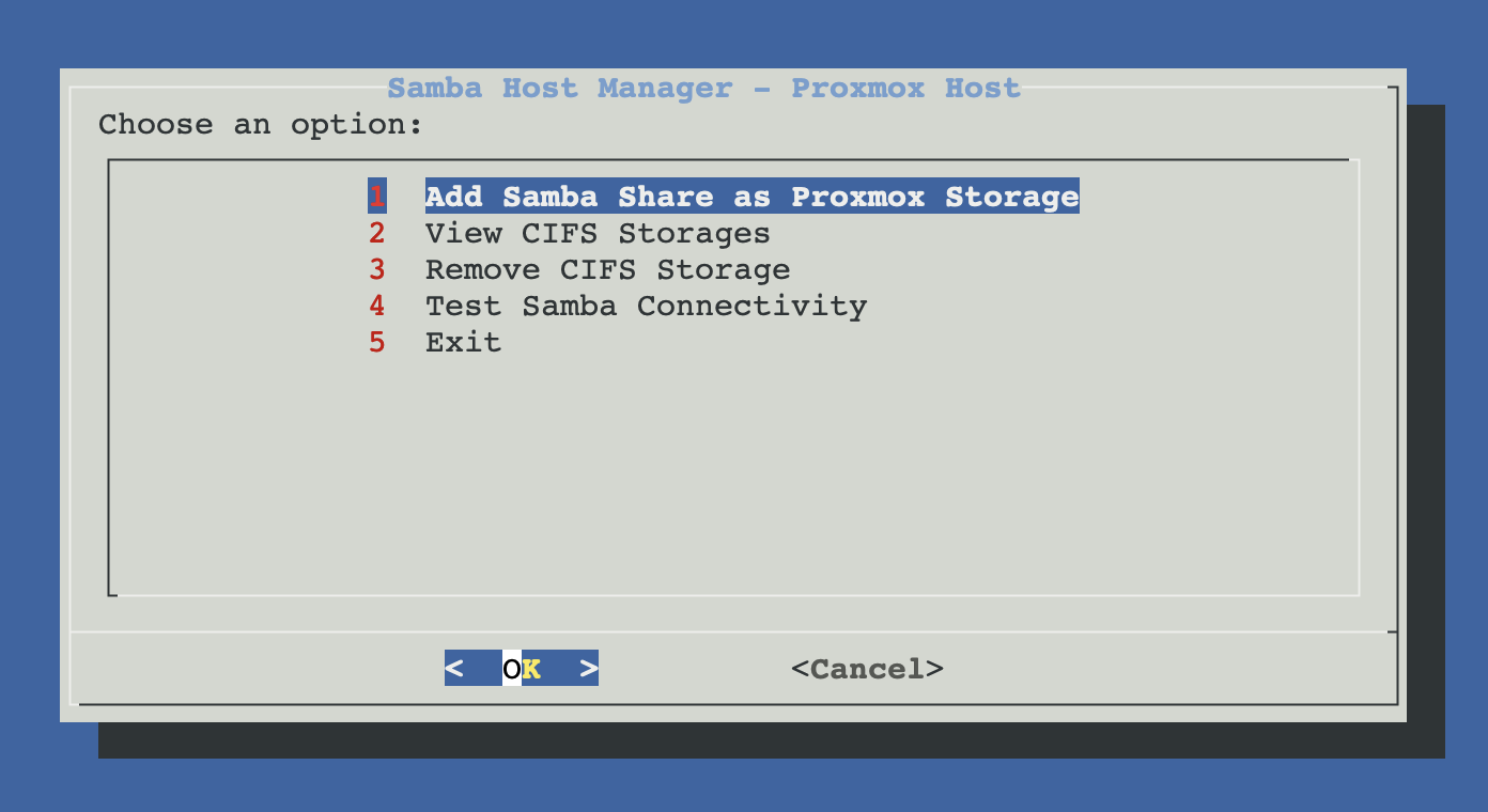 Samba Host Manager menu — Mount / View / Remove / Test connectivity