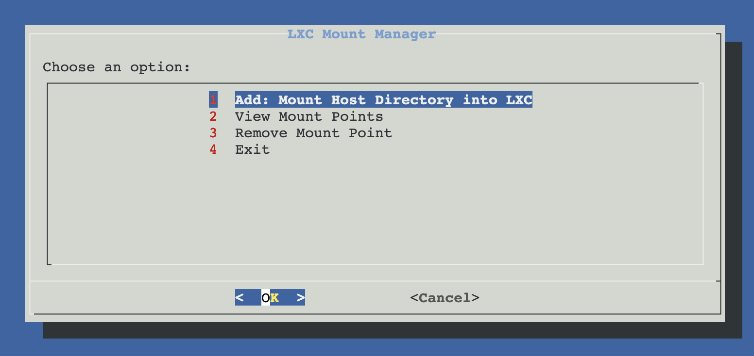 LXC Mount Manager menu — Add / View / Remove