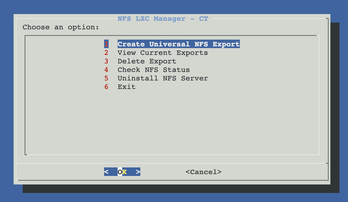 NFS Server Manager menu — Create / View / Delete / Status / Uninstall