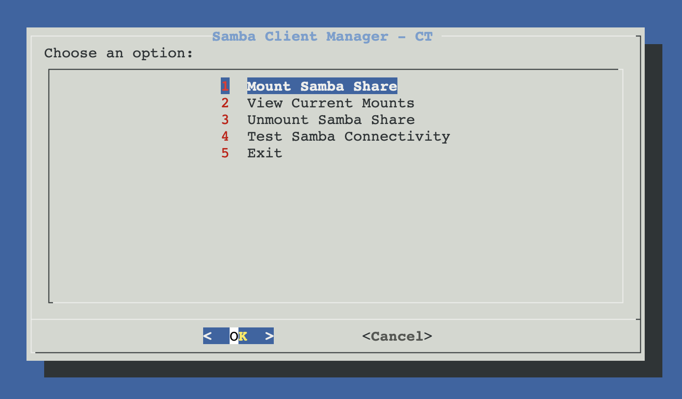 Samba Client Manager menu — Mount / View / Unmount / Test connectivity