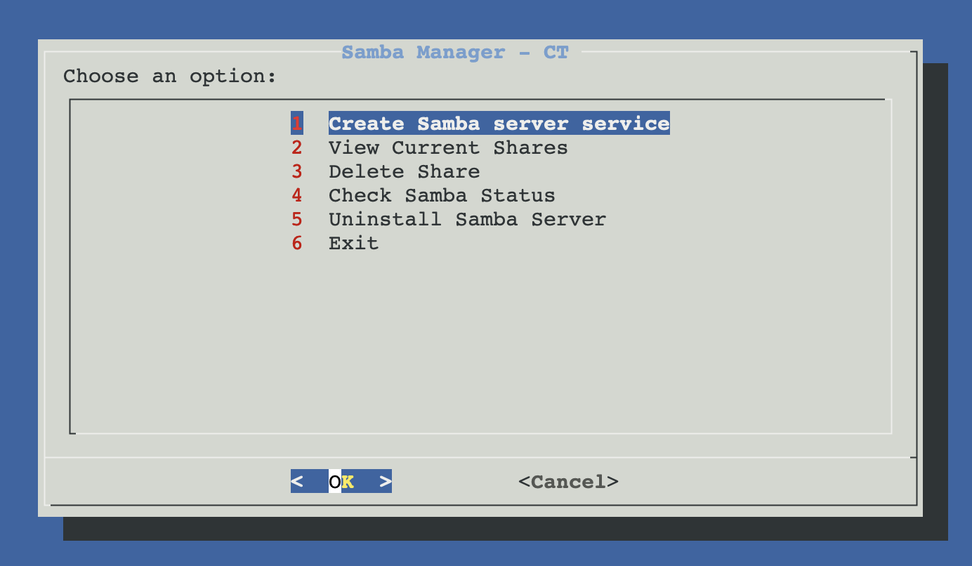 Samba Server Manager menu — Create / View / Delete / Status / Uninstall