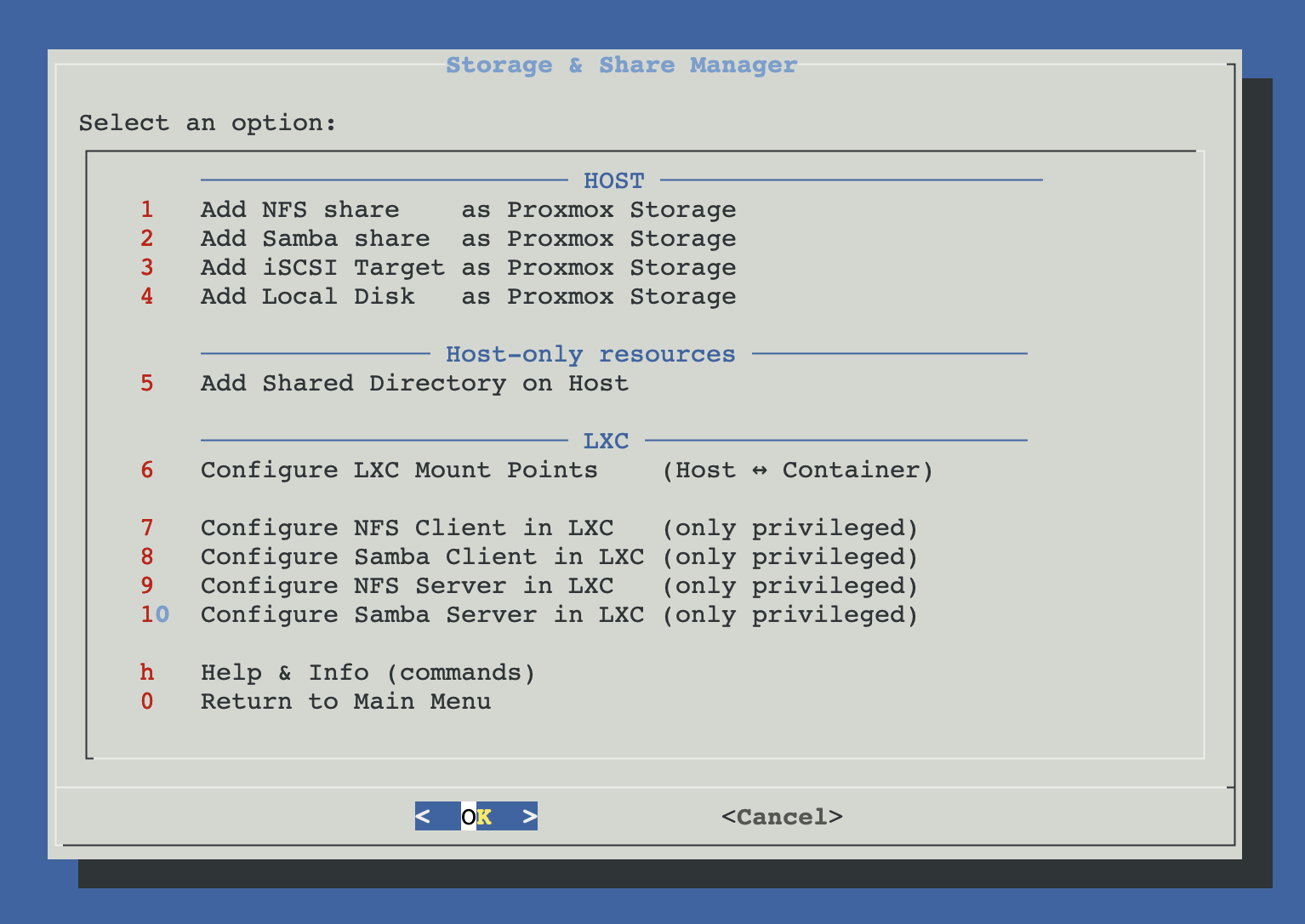 Storage & Share Manager menu with HOST and LXC blocks