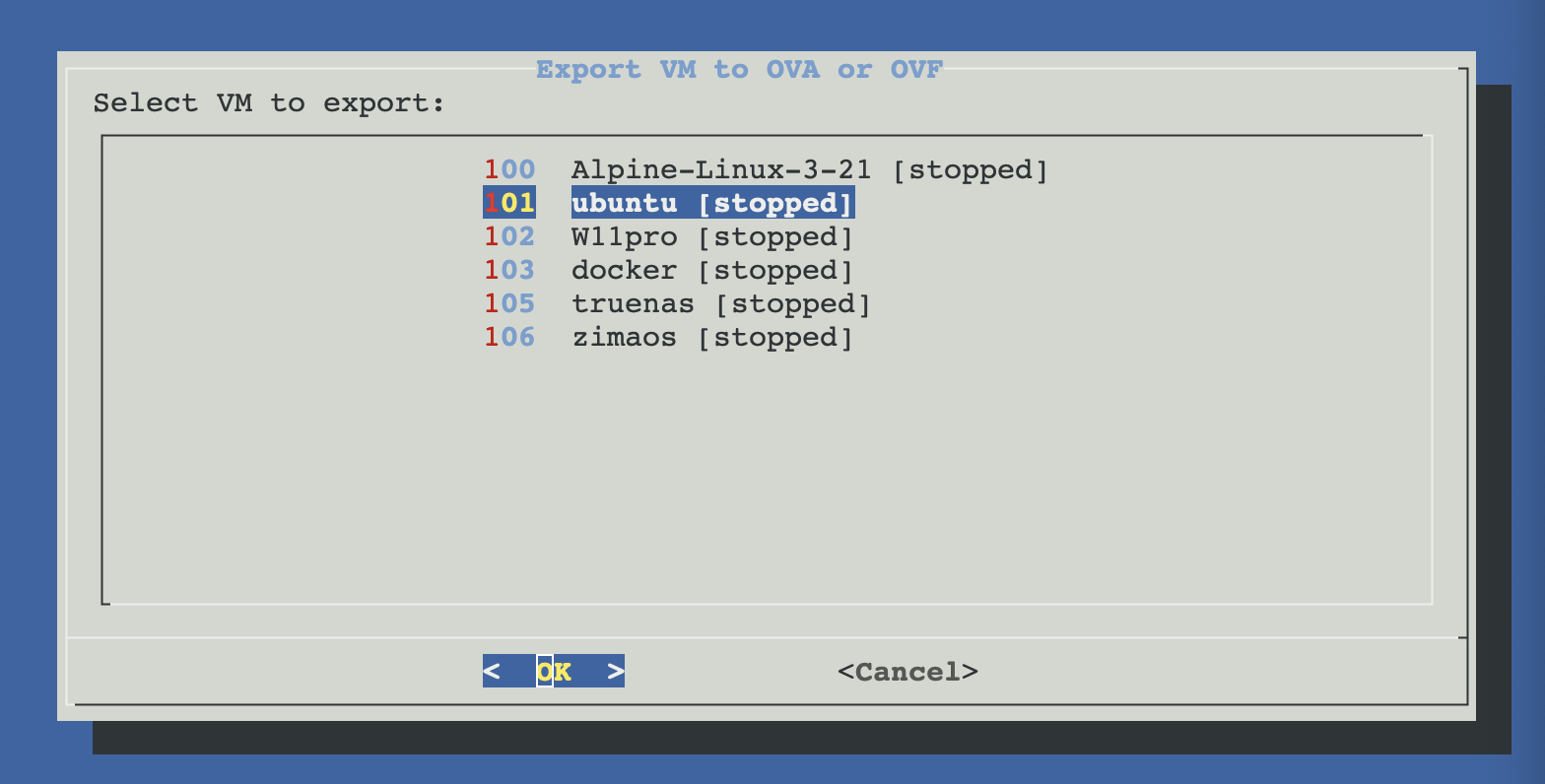 Export VM picker dialog listing all VMs