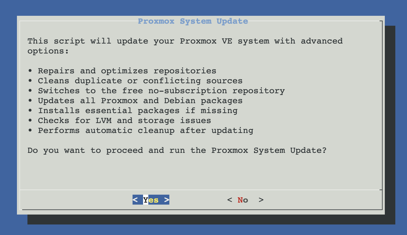 Proxmox System Update confirmation dialog listing repo hygiene, package updates, cleanup