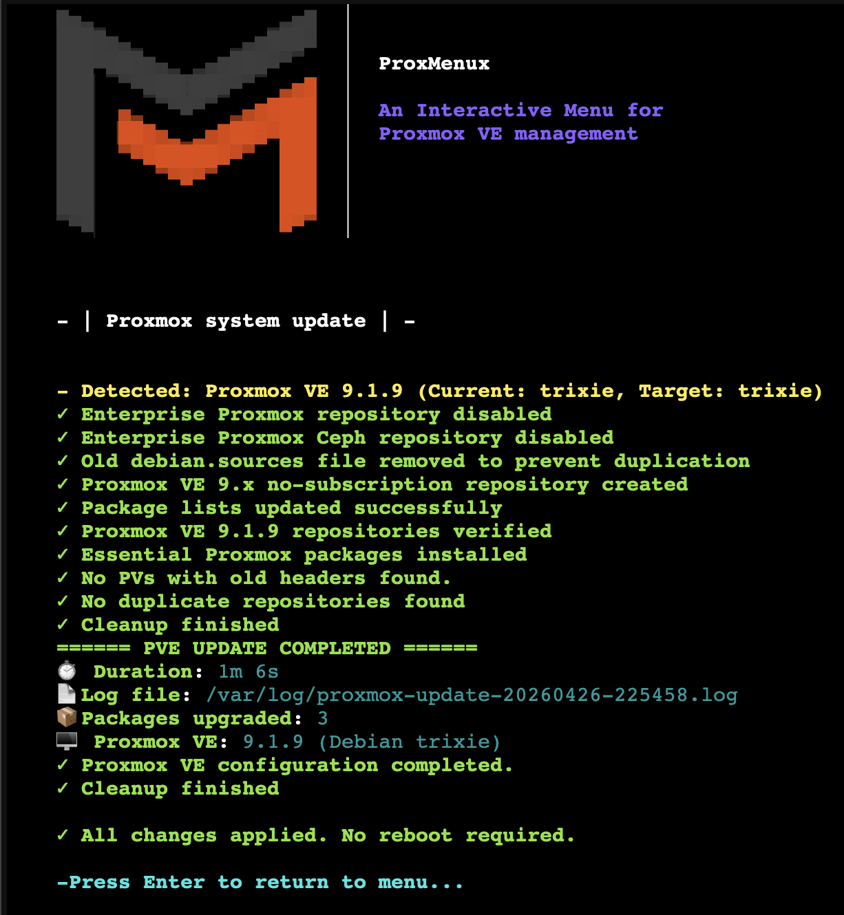 Proxmox System Update completion summary with cleanup output and reboot prompt
