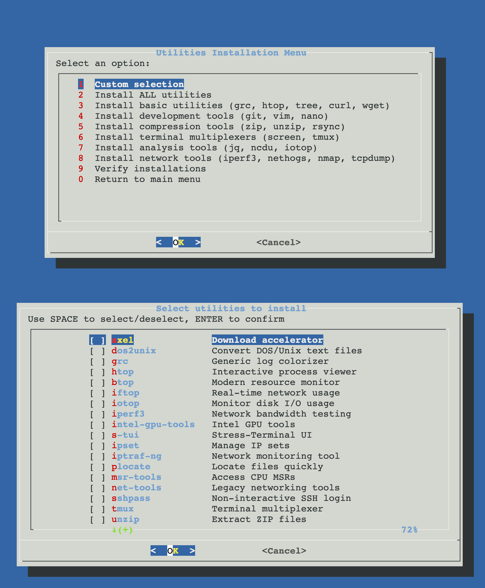 System Utilities Installer menu with custom selection, ALL, predefined groups and verify
